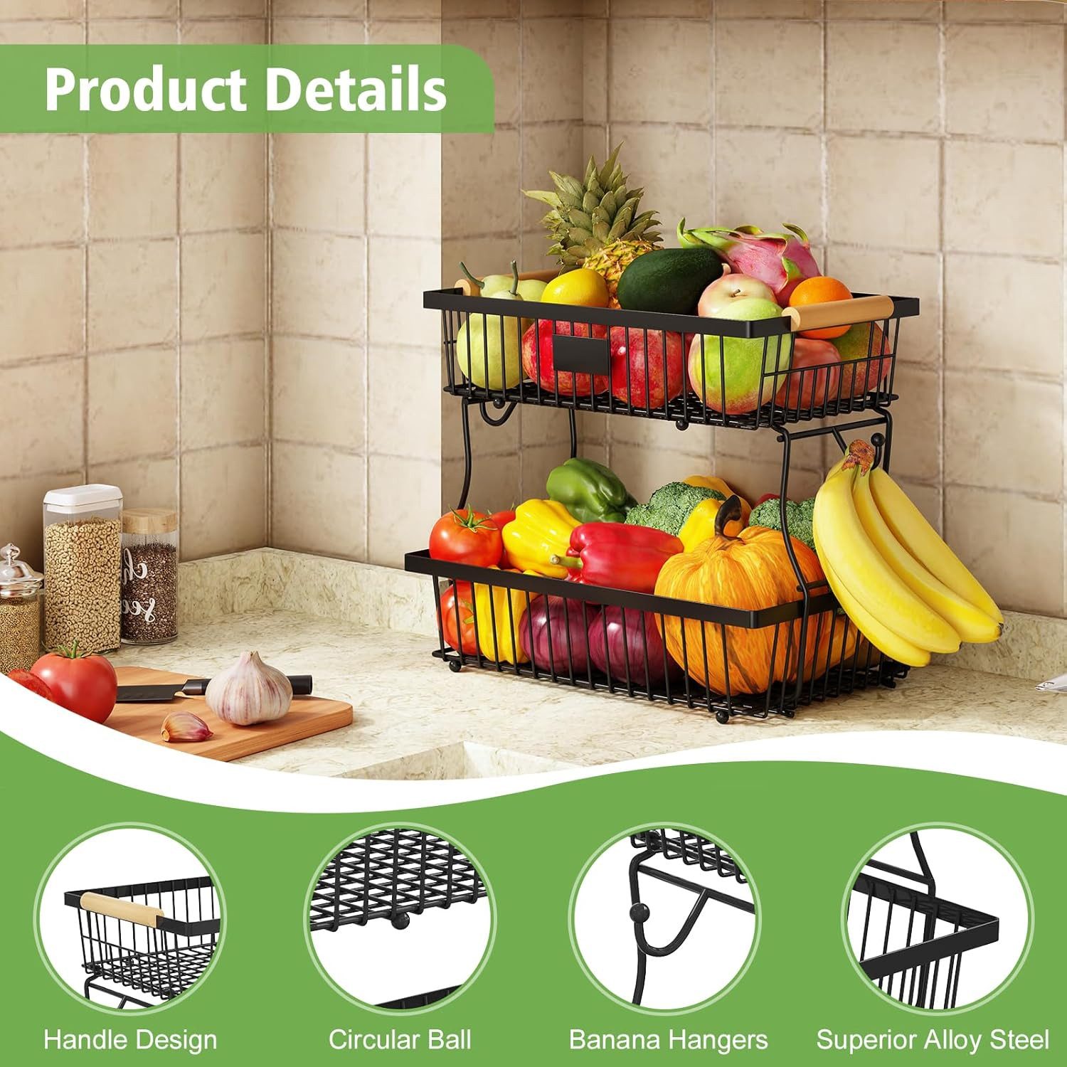 Refined Living Obstschale 2 Etagen, Arbeitsplattenregal für die Küche, Gemüseregal,mit Holzgriff, Rostfreies, Kohlenstoffstahl, (Fruchtkorb mit 2 Bananenaufhäng – Bild 4 von 5