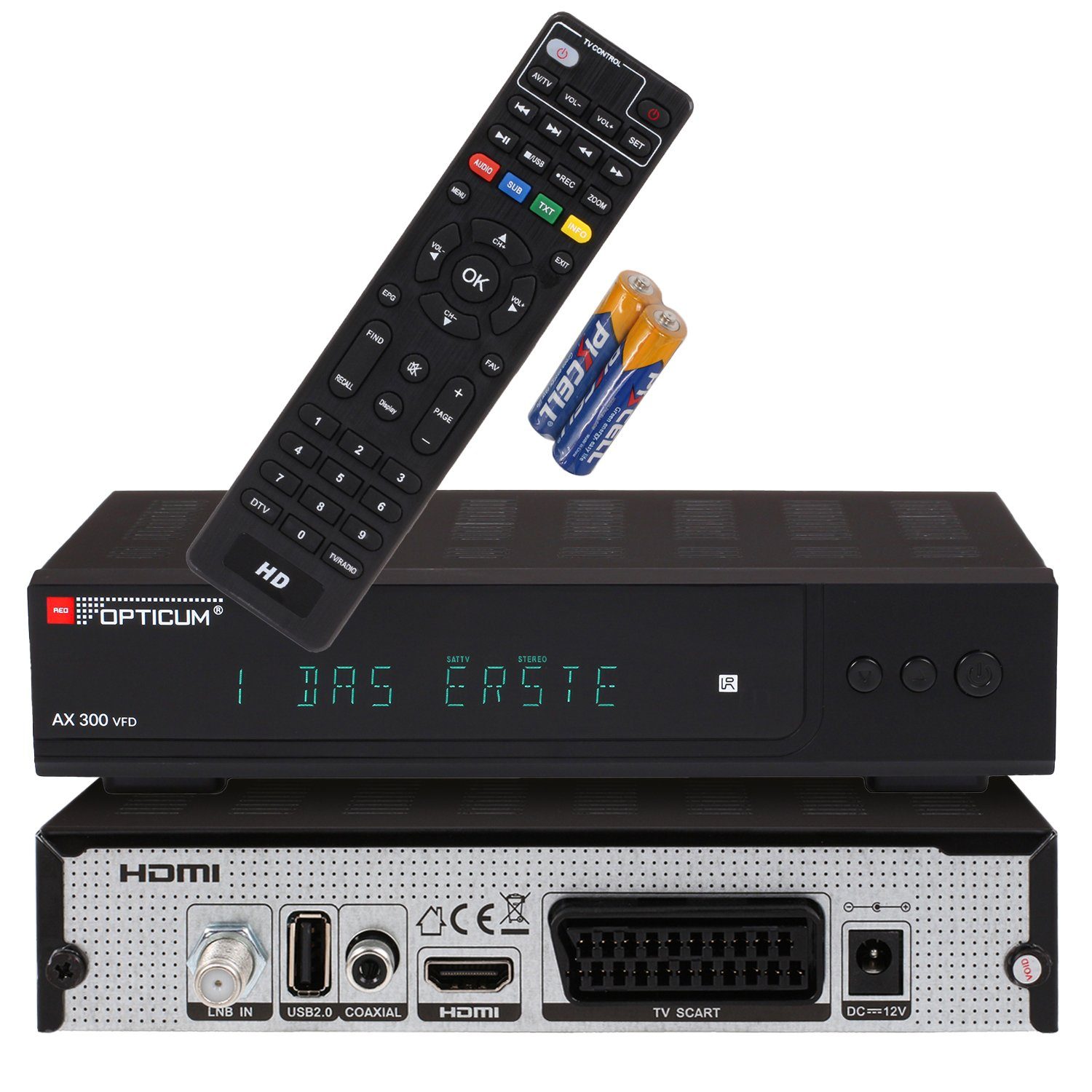 RED OPTICUM »AX 300 VFD ohne Aufnahmefunktion« SAT-Receiver (Digitaler  Satelliten-Receiver HD-TV mit alphanumerischem Display - DVB-S2 - HDMI -  SCART - USB 2.0 - Coaxial Audio I 12V Netzteil ideal für Camping)