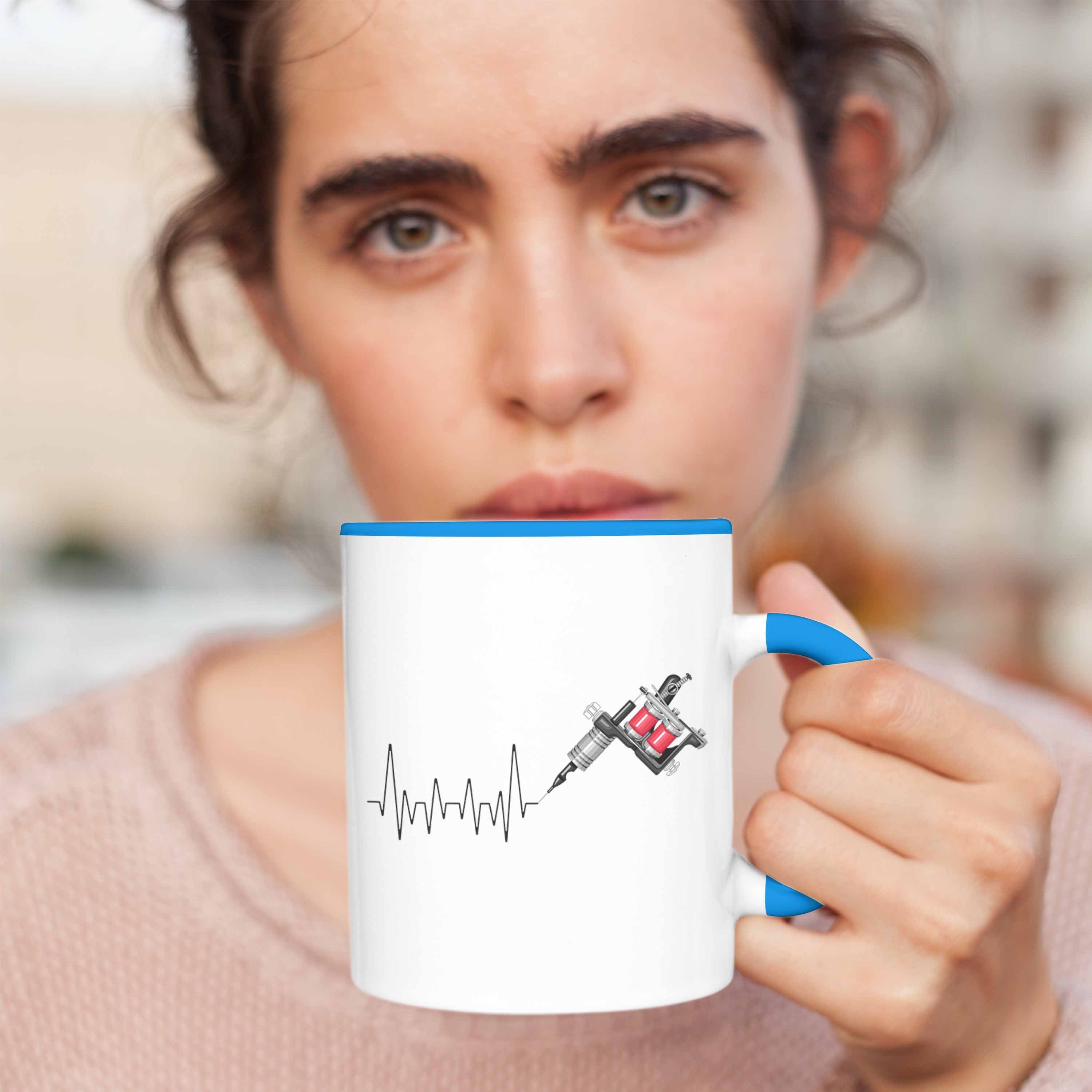 Geschenk Tasse Blau Tattoowierer Tasse Trendation Herzschlag Liebhan - für Trendation Tattoo