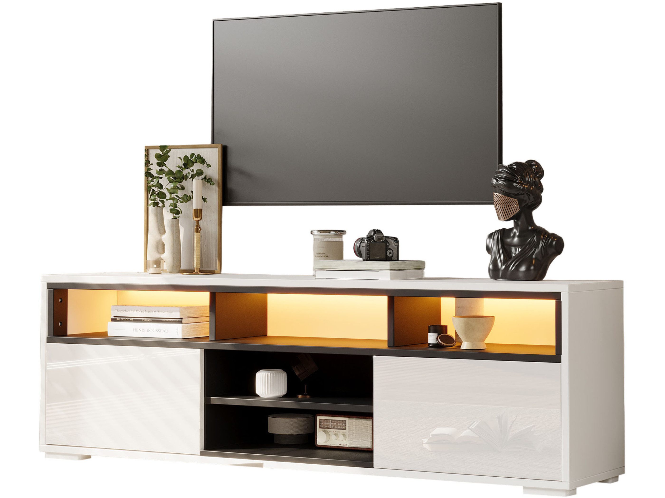 SeedWave Lowboard 150cm TV-Schrank mit Hochglanzfronten, LED-Beleuchtung, Viel Stauraum, Fernsehschrank in Kontrastfarbe, Türdämpfer für leichte Öffnung