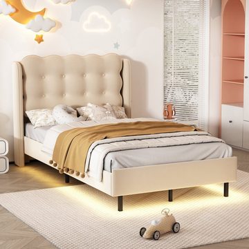 Ulife Polsterbett Kinderbett Einzelbett mit warmgelben Lichtstreifen