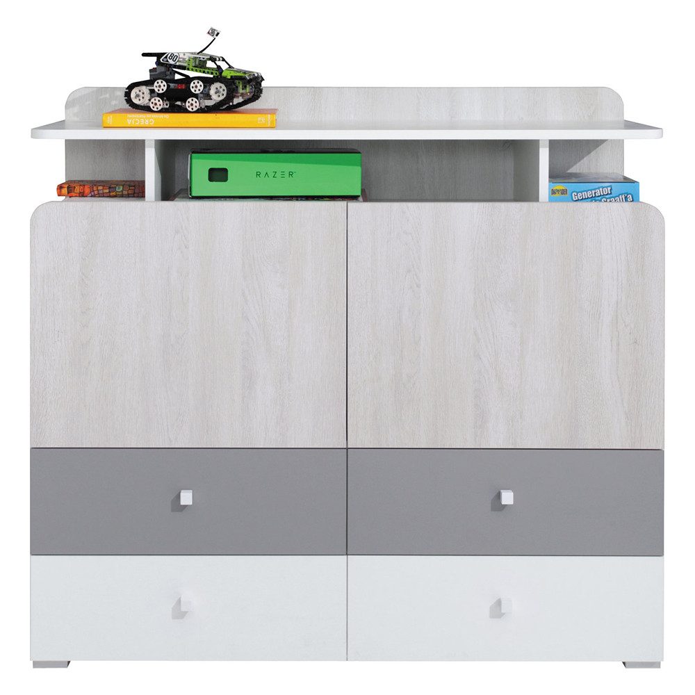 Lomadox Kommode COLLINS-133, Sideboard Kinderzimmer Jugendzimmer weiß Eiche hell grau 110x100x40 cm