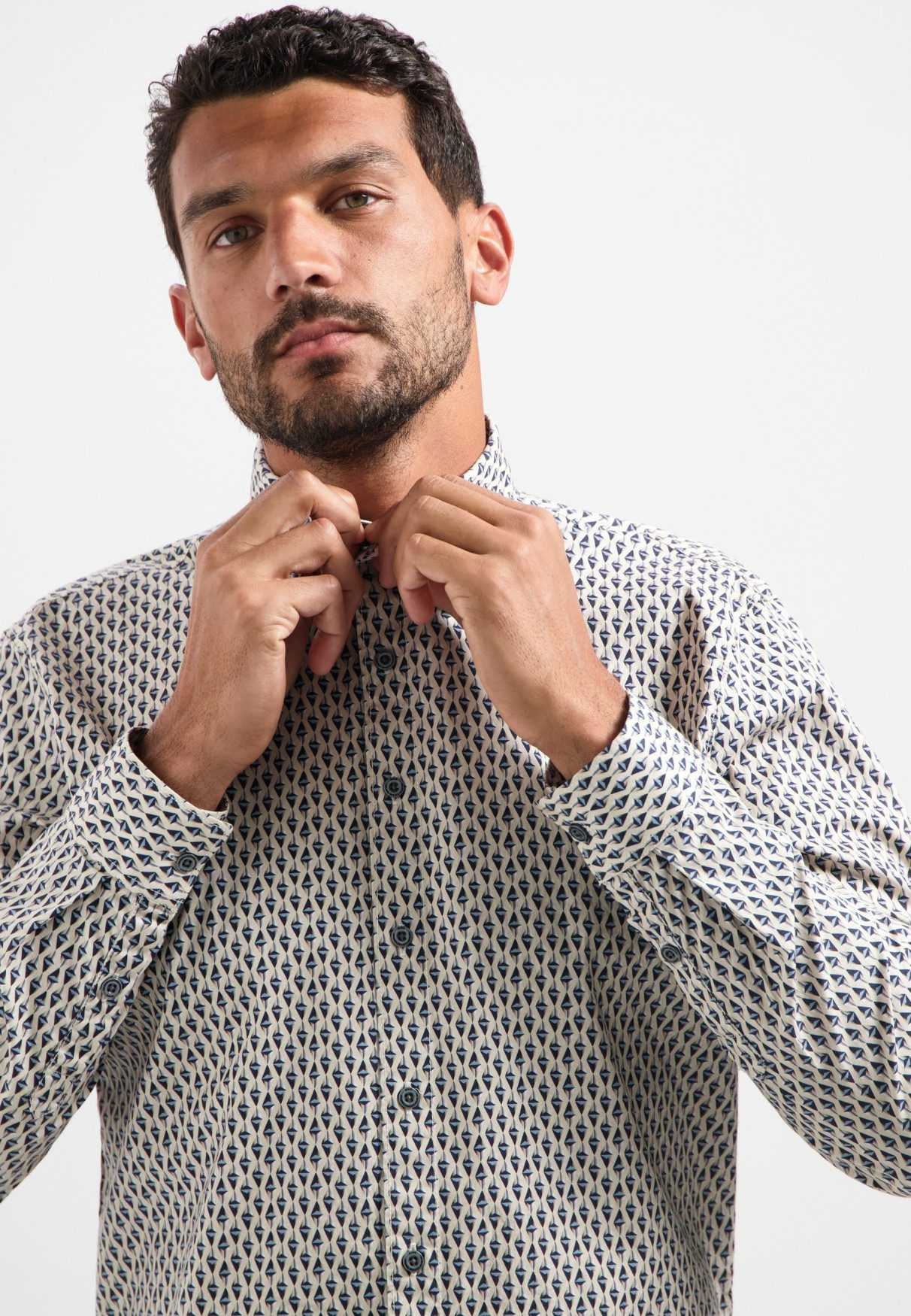 NO EXCESS Langarmhemd No Excess Stretchhemd mit Print Shirt Stretch Allover Printed