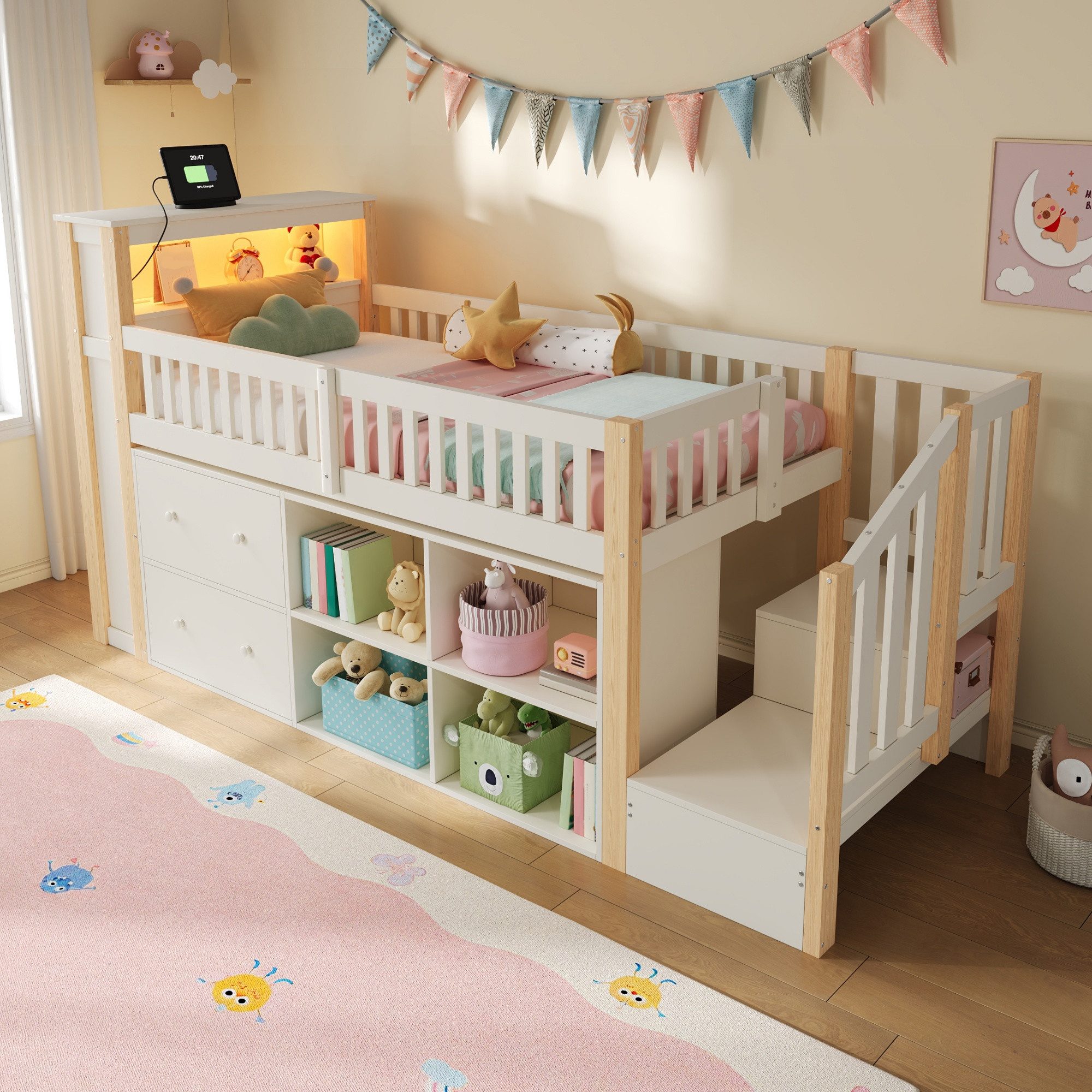 Merax Kinderbett 90x200cm mit LED-Beleuchtung und USB-Anschluss, Kiefernholz Hochbett (1-tlg), Halbhohes Bett Stauraumbett mit Schubladen Leiterschrank Regalen