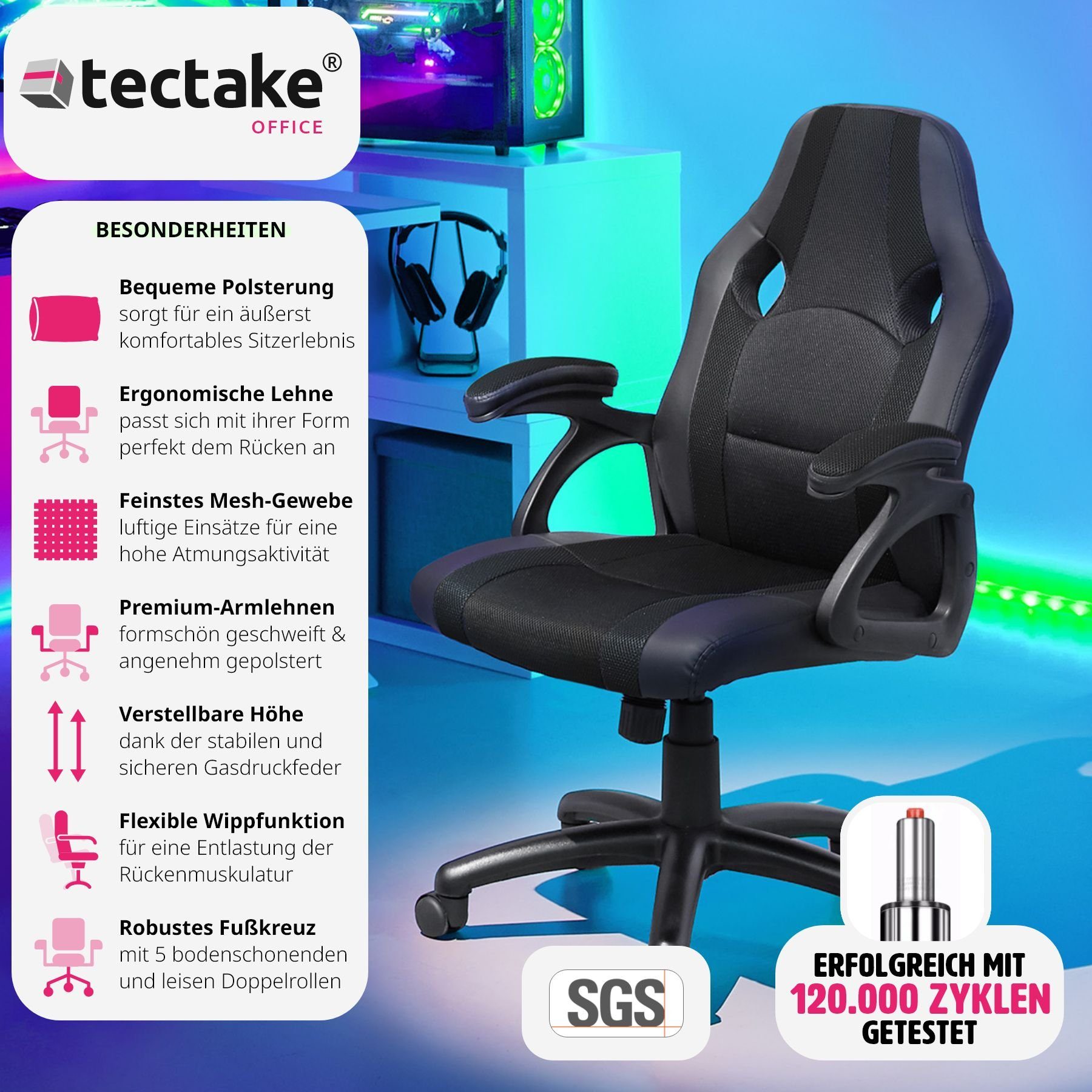 Benny tectake 1 einstellbare Wippmechanik schwarz St), (1er, Gaming-Stuhl