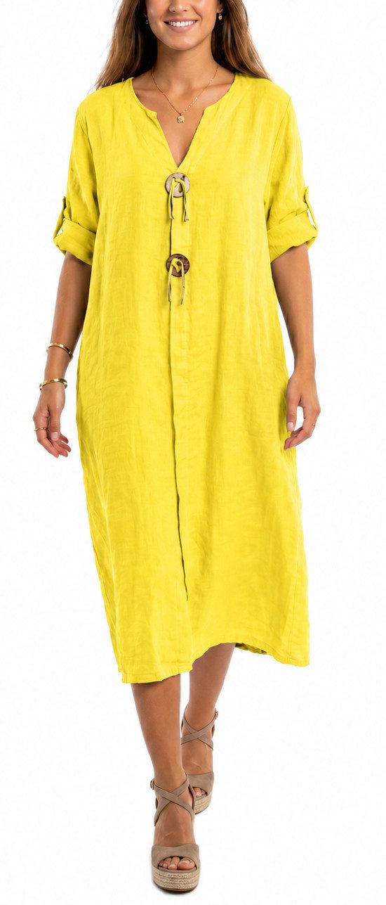 dy_mode Hemdblusenkleid Damen Leinenkleid Midi Hemdblusenkleid mit V-Ausschnitt Freizeitkleid in Unifarbe, V-Ausschnitt, mit seitlichen Eingriffstaschen