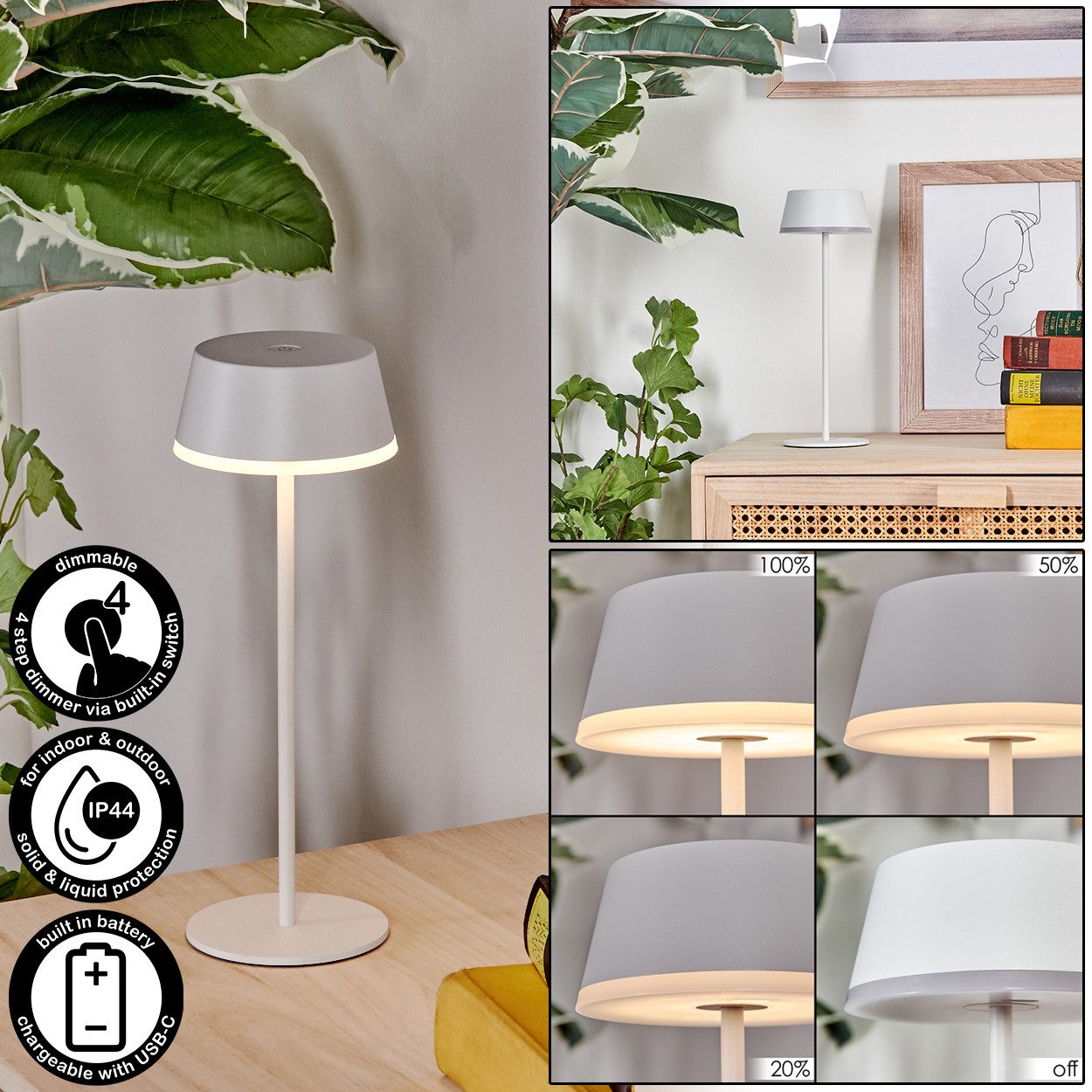 hofstein Tischleuchte Tischlampe dimmbar aus Metall/Kunststoff in Weiß, ohne Leuchtmittel, Tischleuchte Innen und Außen mit Touchdimmer, USB-C, Akku, IP44