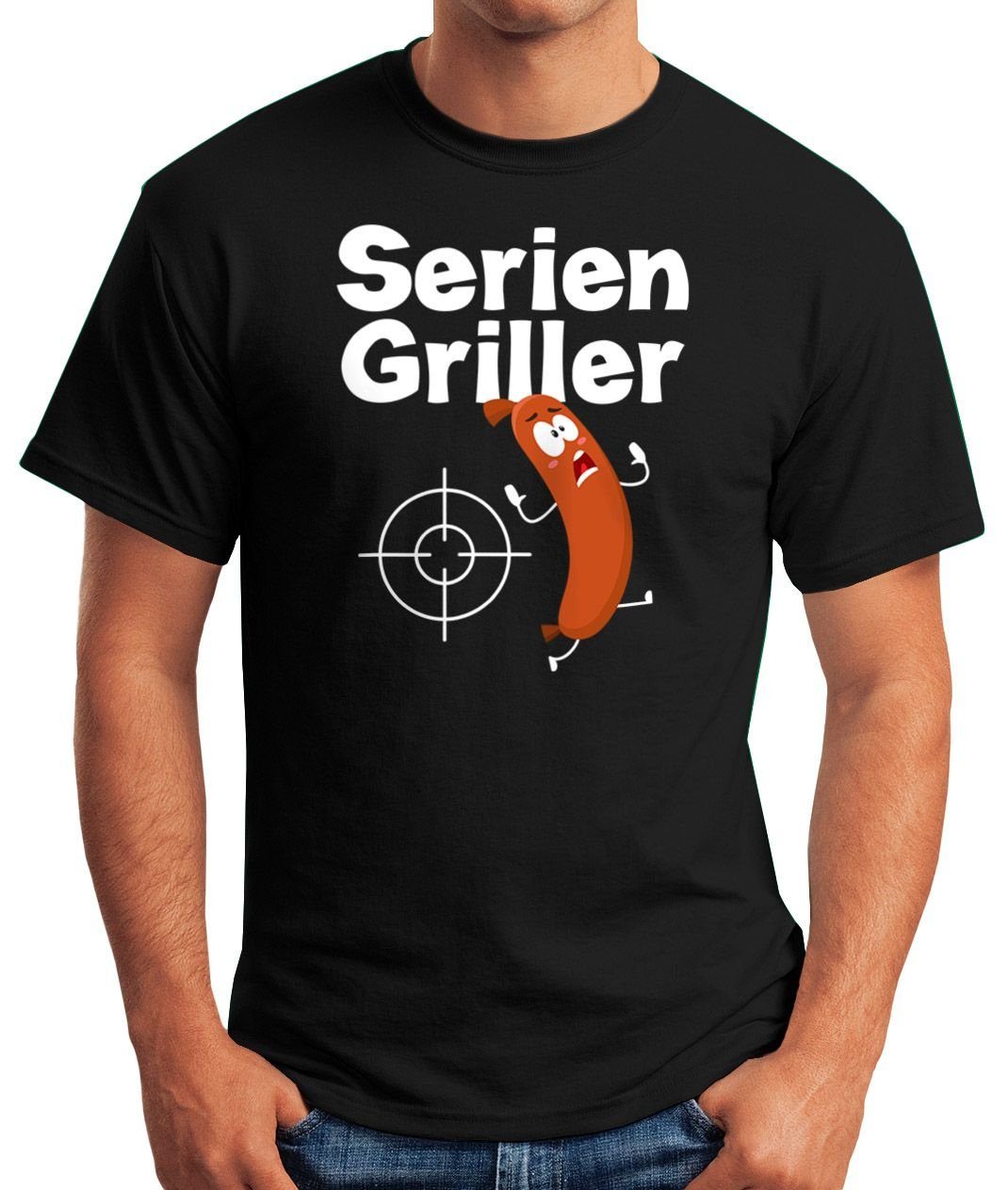 Grillen Wurst Fun-Shirt Moonworks® Print-Shirt MoonWorks lustig Herren T-Shirt Print Seriengriller mit Bratwurst