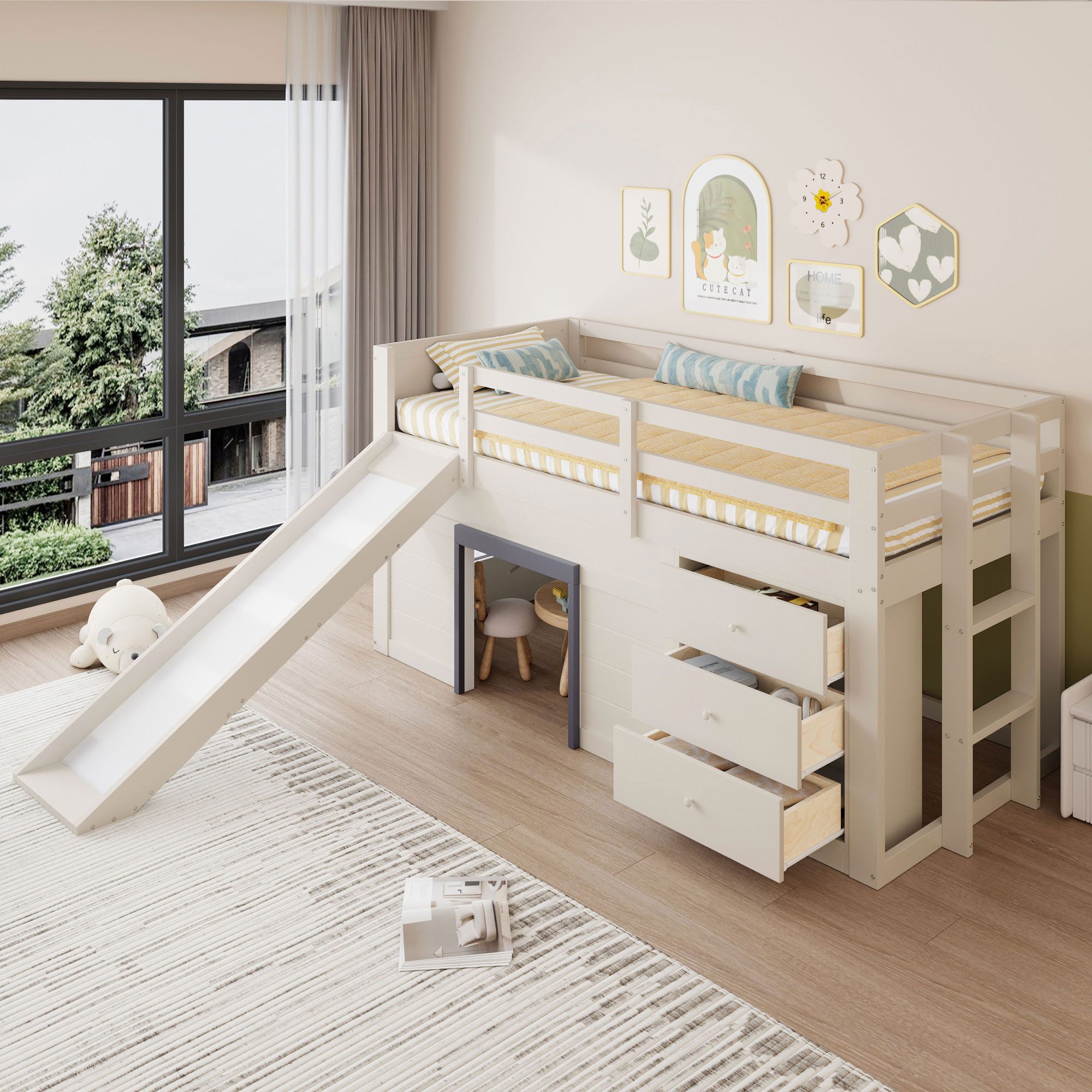 Flieks Hochbett Hausform Kinderbett 90x200cm mit 3 Schubladen, Leiter und Rutsche