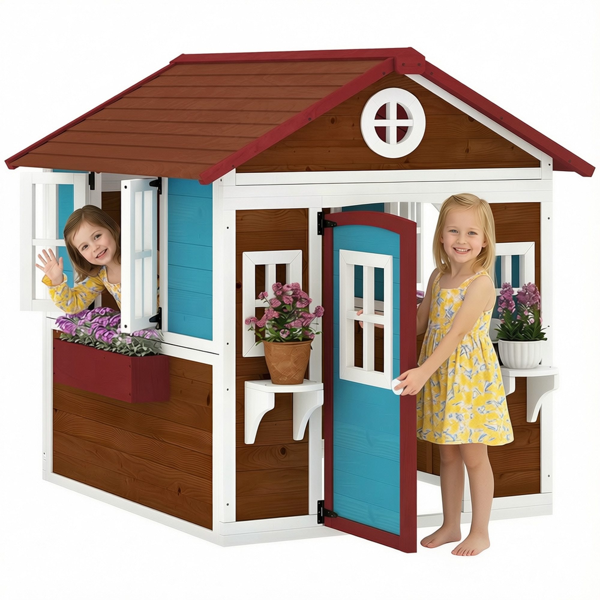 Outsunny Spielhaus Kinderspielhaus aus Holz mit Fenster, Blumenregal, Pflanzenkasten, Tür, Gartenhaus für Kinder 3-8 Jahre Dunkelbraun