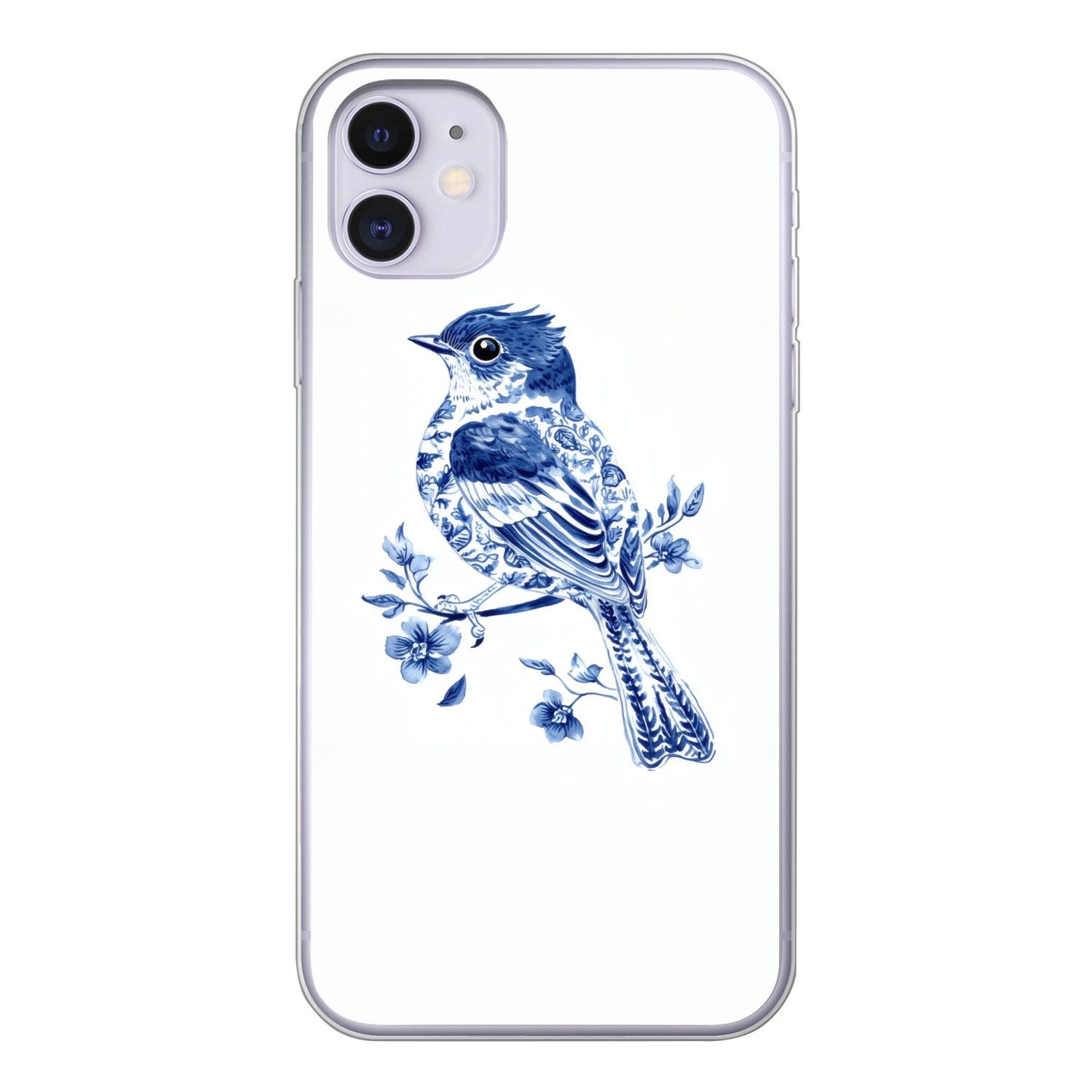 MuchoWow Handyhülle für Apple iPhone 11 Vogel - Delfter Blau - Illustration - Blumen, Smartphone-Bumper, Print, Handy Schutzhülle Dünn