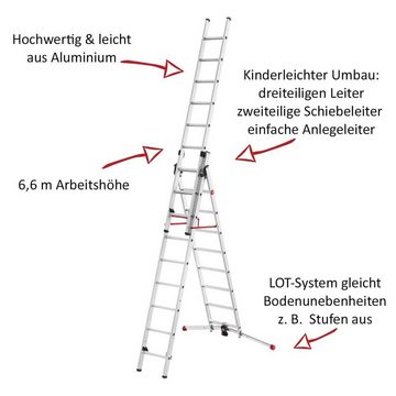 Hailo Trittleiter ProfiLOT Aluminium-Teleskopleiter + Einhängetritt, Kombi-Leiter (Set, gratis Einhängetritt), mit bis zu 150 kg belastbar, Rasthaken mit Transportsicherung