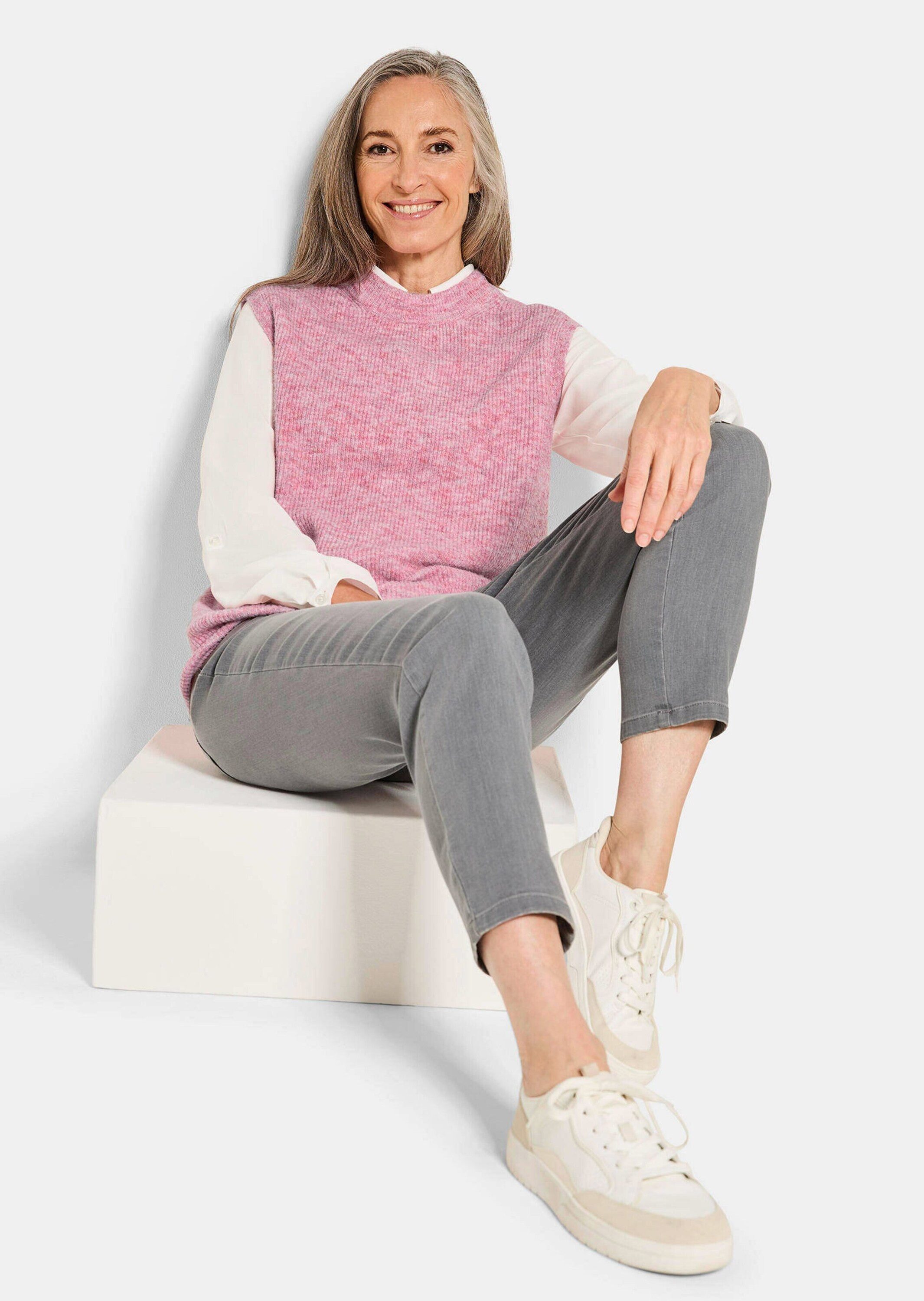 GOLDNER Strickpullover Edler Rippstrick Pullunder, Stehkragen Modischer Kurzarmpullover in hüftumspielenden Länge, hoher Kragen