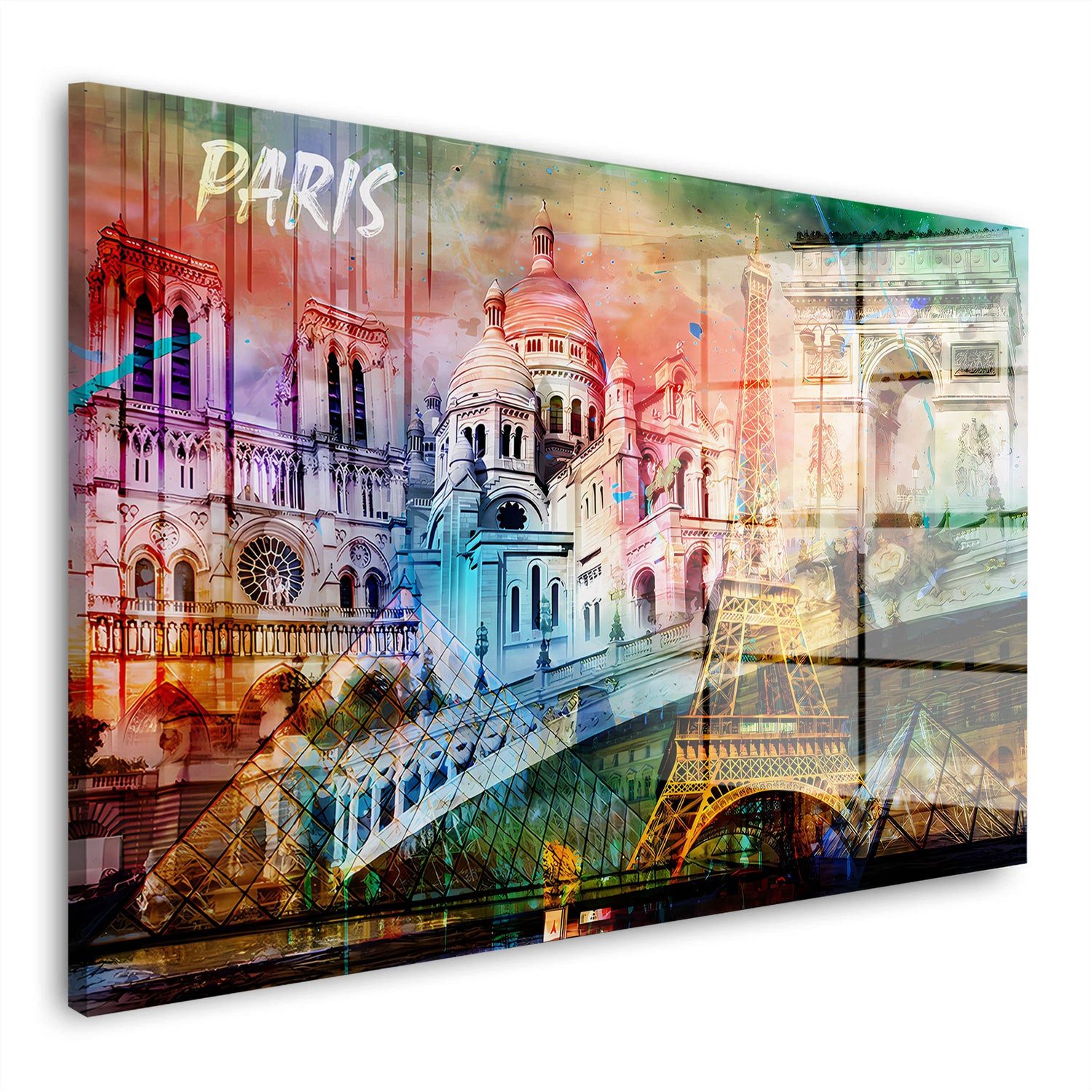 Artedinoi Acrylglasbild Paris Collage Acrylglasbild Wandbild Triumphbogen Rosa Türkis Bunt XXL, Paris Collage mit Kathedrale, Basilika, Eiffelturm, Triumphbogen und Glaspyramide