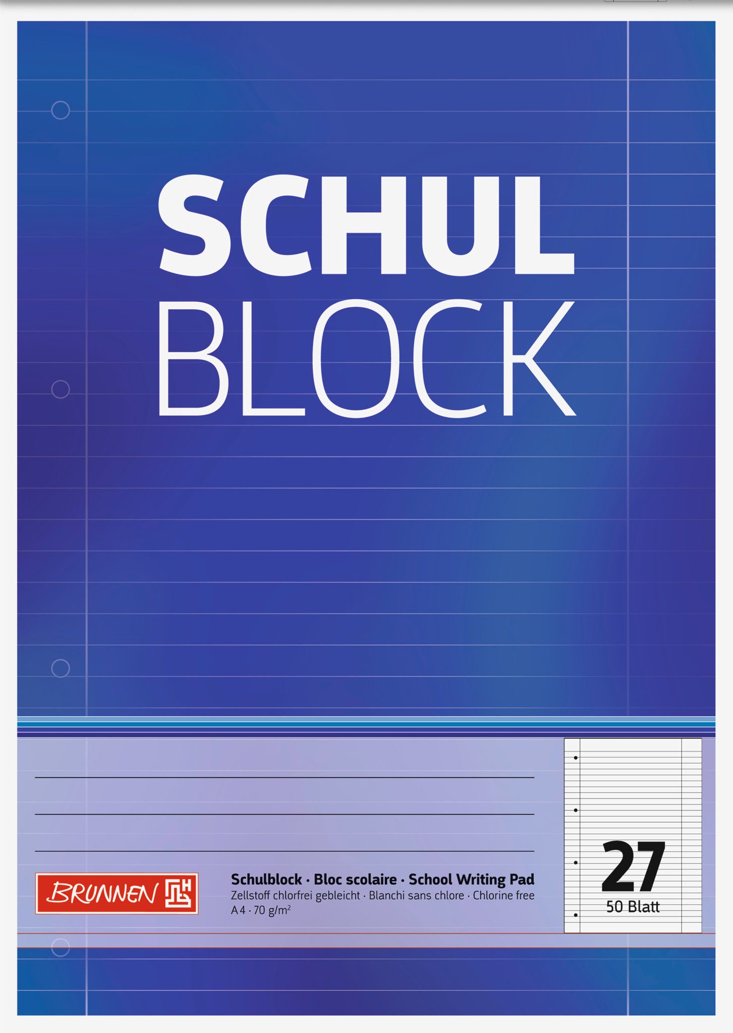 BRUNNEN Collegeblock Block "Schulblock" A4 liniert, mit Randlinie innen und außen, Lin. 27