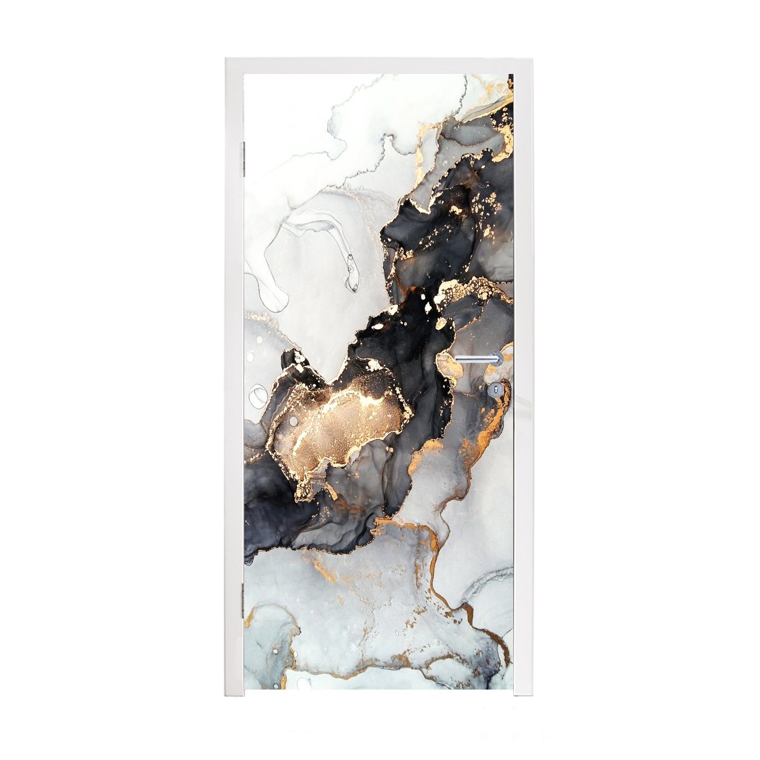 Marmor Matt, 75x205 (1 Weiß - Luxus bedruckt, MuchoWow - für - Tür, Schwarz St), Fototapete cm Gold Abstrakt, Türtapete Türaufkleber, - -