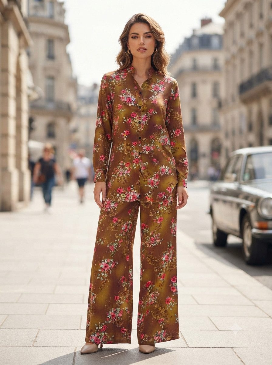 PfauGermany Hemdbluse All Day Office Wear Comfort .2 Pcs Set Langarm Hemd + Wide-leg palazzo