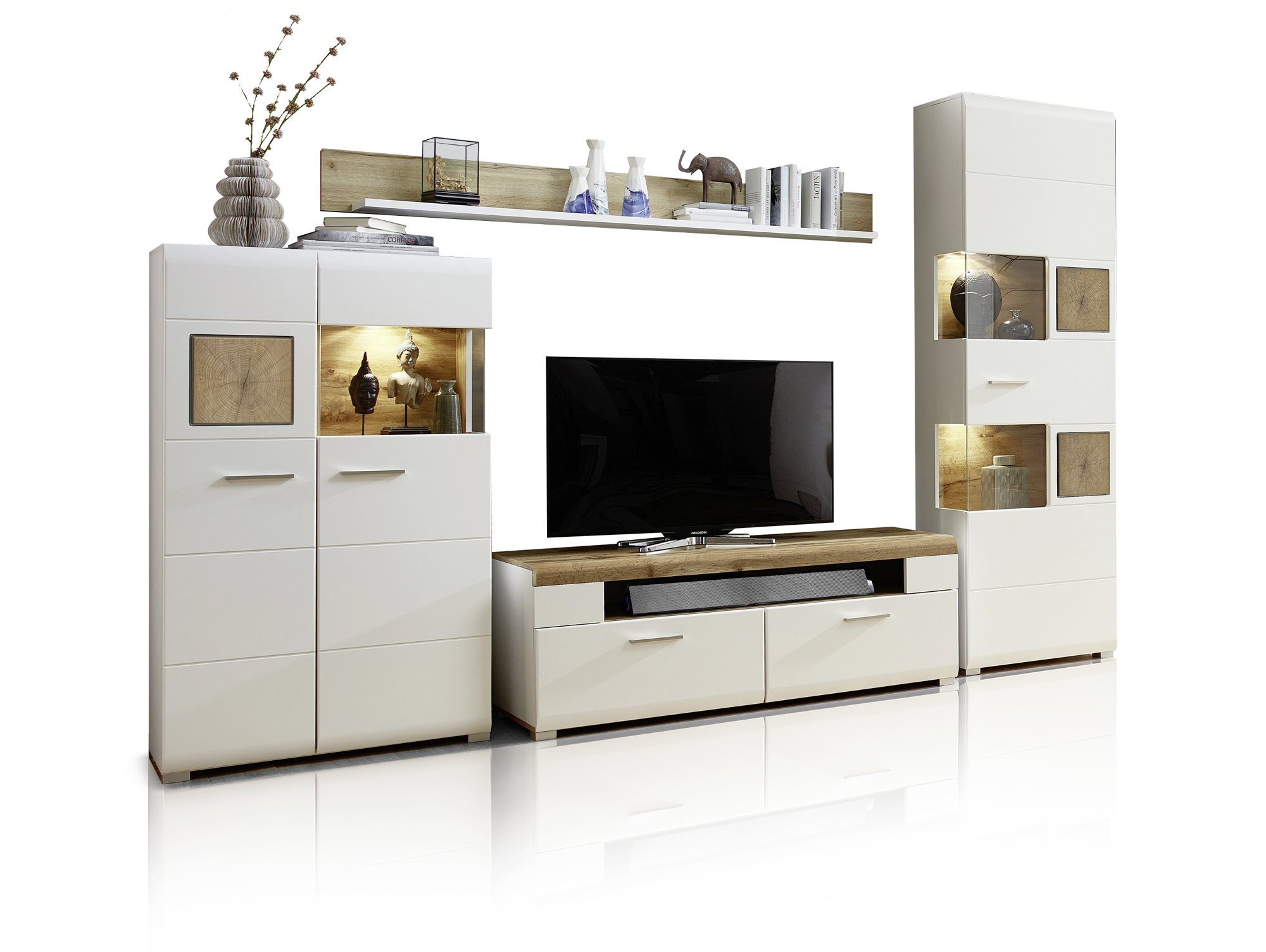Moebel-Eins Wohnzimmer-Set, FELIPA II Wohnwand, Material MDF, weiss/Hirnholz eichefarbig