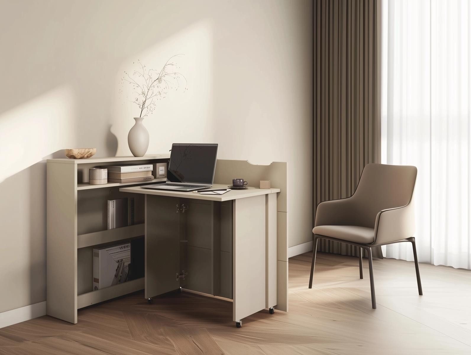 Compleo Schreibtisch WORK CONCEPT (interne Regale), Klappbarer, Praktisch, mit Rollen zum einfacheren Aufklappen ausgestattet