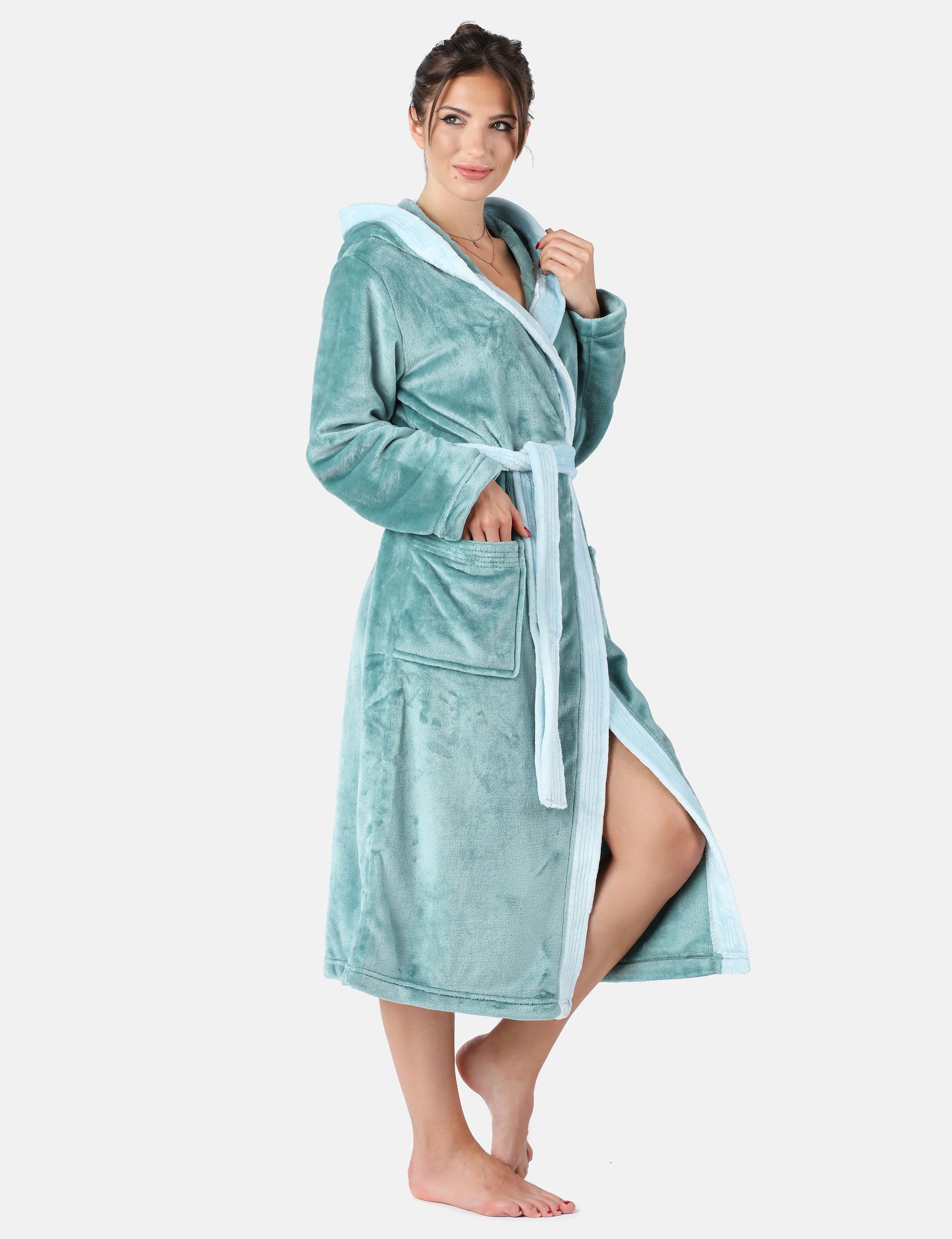 Bellivalini Bademantel Damen Bademantel lang mit Kapuze und Gürtel BLV50-168, Lang, Polyester, Seitentaschen – Bild 4 von 5