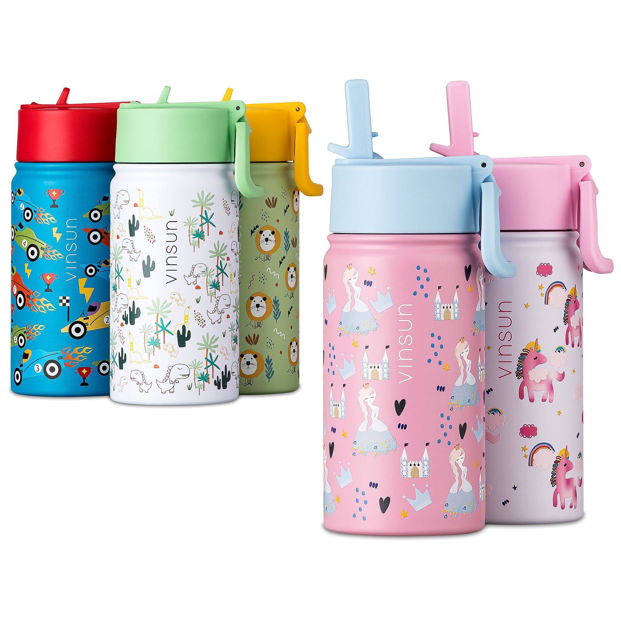 Vinsun Trinkflasche Trinkflasche Kinder 350ml - Auslaufsicher mit Strohhalm - Prinzessin, BPA frei, auslaufsicher, bruchsicher, Geruchs- und Geschmacksneutral Pink
