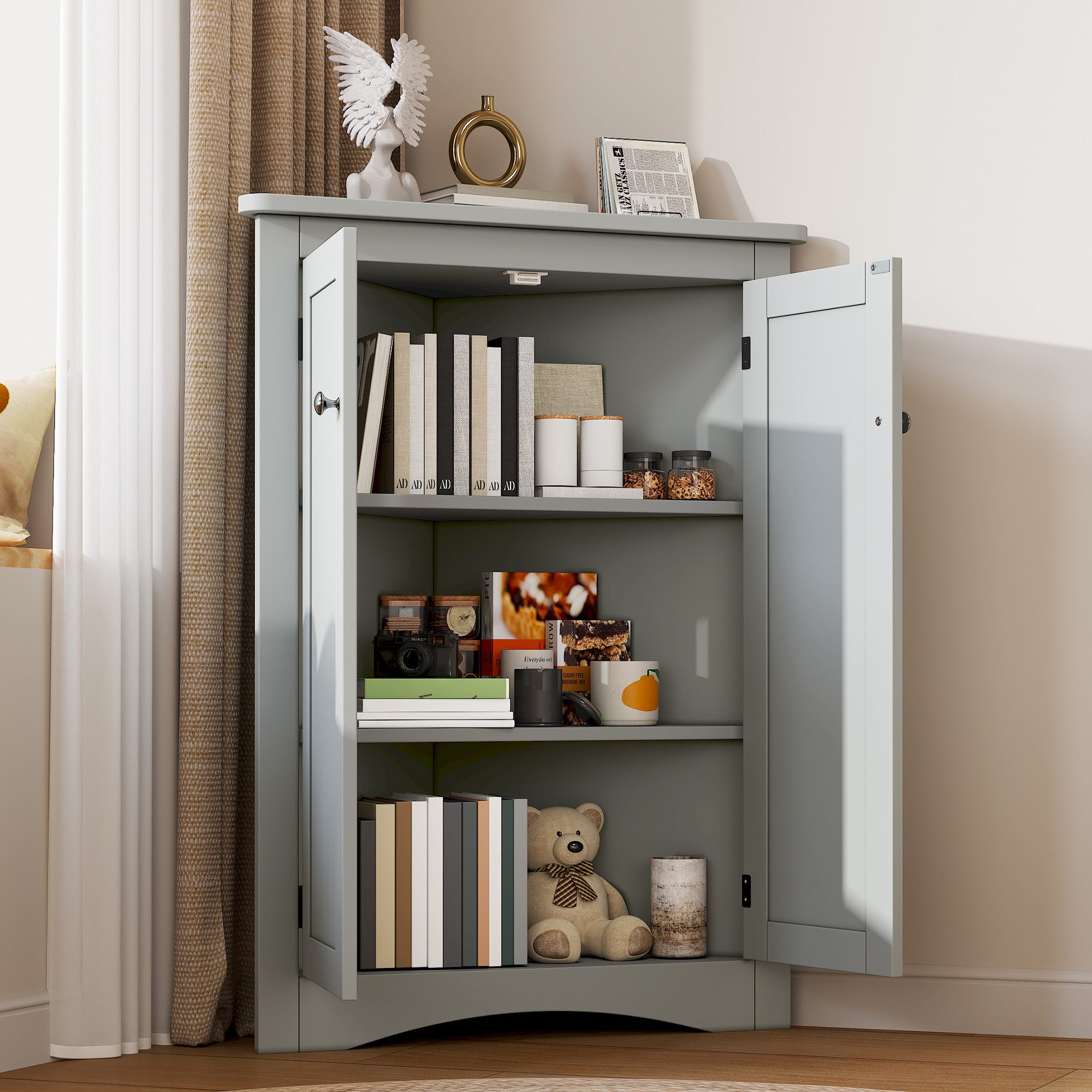 MODFU Vitrine Praktischer Eckschrank für ungenutzte Winkel (Eck-Schrank, 1-St., Ideal zur Platzoptimierung in verschiedenen Räumen) 2 Türen, 3 Ebenen, in Grau, Maße: 61,5x90 cm