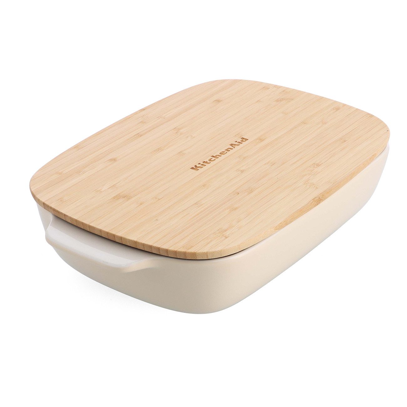KitchenAid Auflaufform Stoneware, Keramik, Keramik Auflaufform mit Echtholz-Natur-Deckel, extra breite Gummilippe