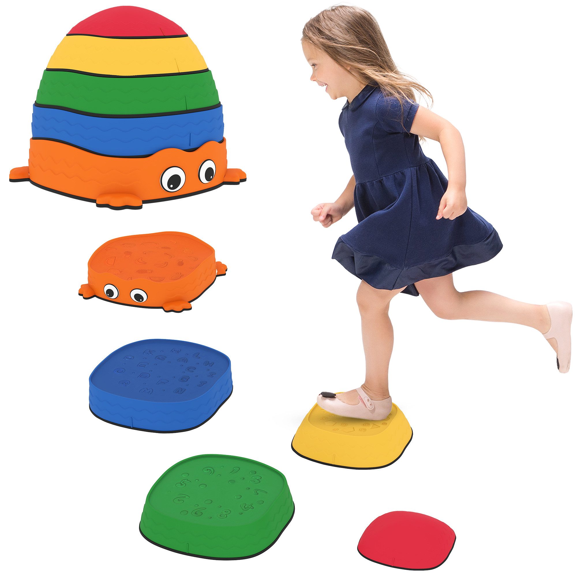 AIYAPLAY Stapelspielzeug Flusssteine, 5-tlg. Balanciersteine in Froschform, (Stapelbar & Rutschfest, 5-tlg), bis 80 kg Belastbar, für 2-8 Jahre Kinder, Bunt