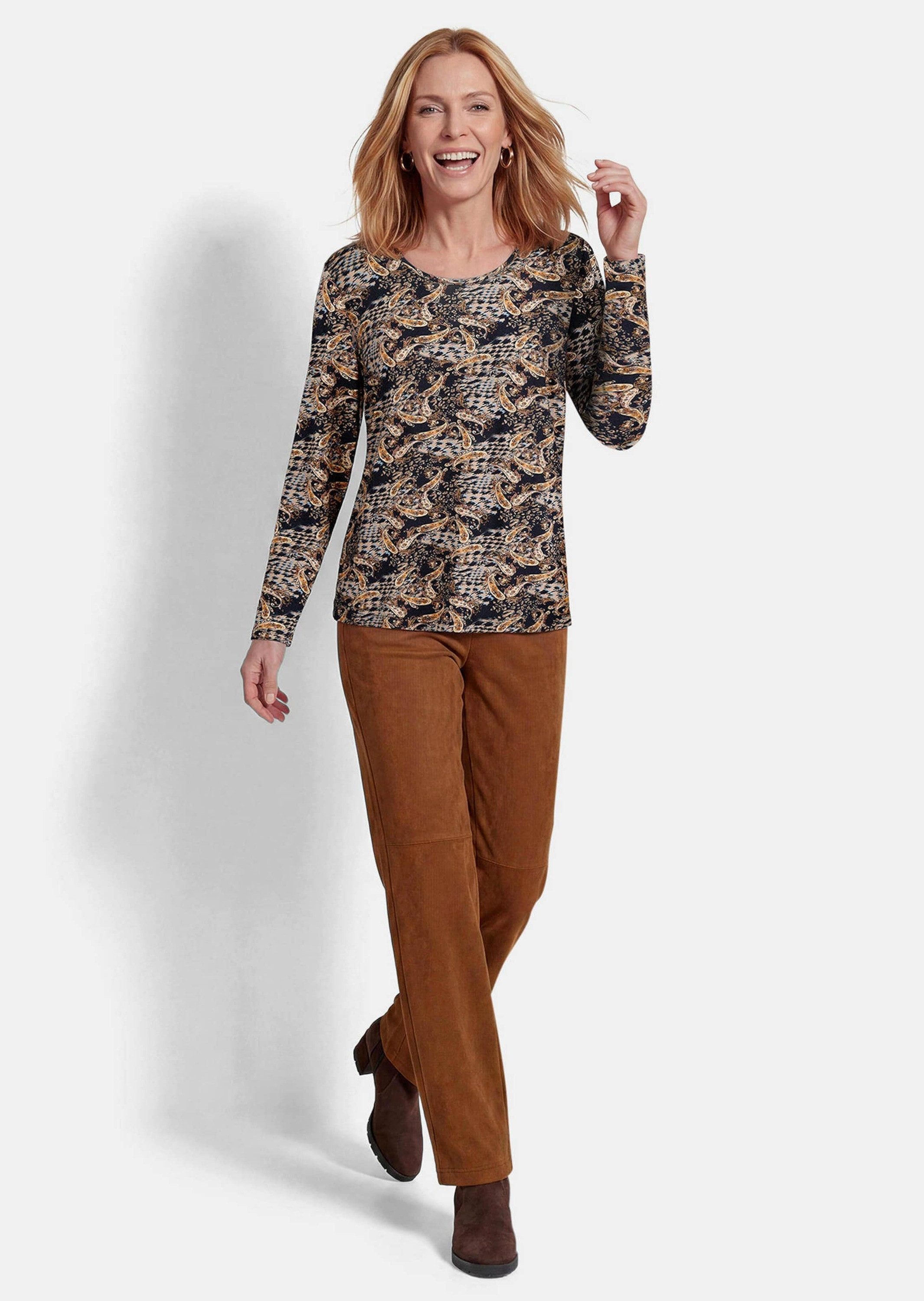 GOLDNER Print-Shirt Langarmshirt aus Viskose-Jersey Figurumspielendes Jerseyshirt mit Paisley und Hahnentritt