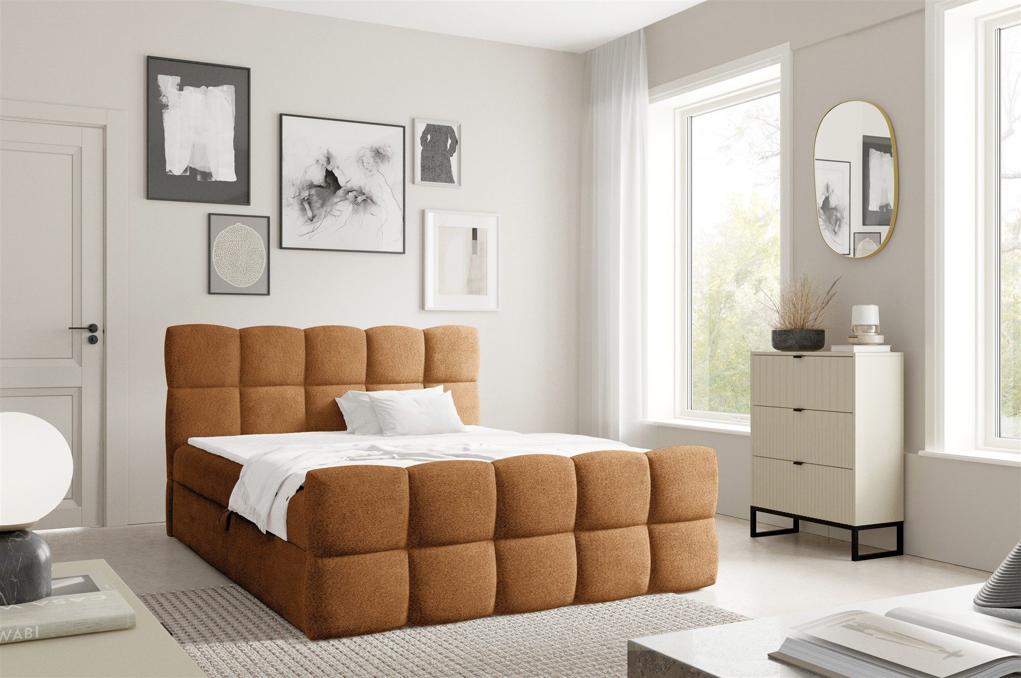 Fun Möbel Boxbett Schlafzimmerbett SATINE Stoff Coral (inkl. Kaltschaumtopper, inkl. Bonellfederkernmatratze), inkl. Bettkasten