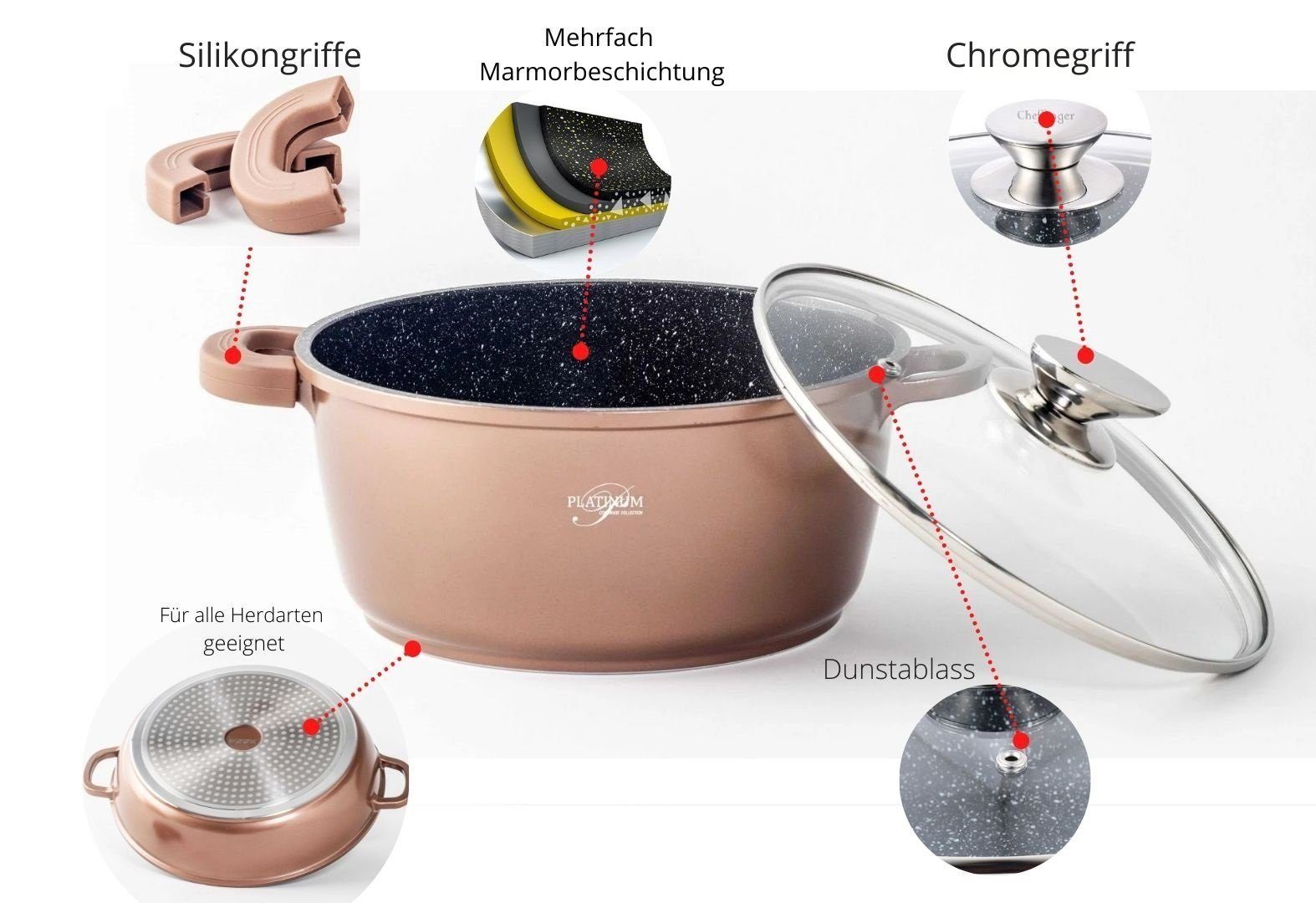 Platinum Kochtopf Kochtopf Topf Kasserolle Glasdeckel Aluguss Ø28cm Platinum DAS28, Aluminiumguss (1 Kochtopf mit 1 Glasdeckel)