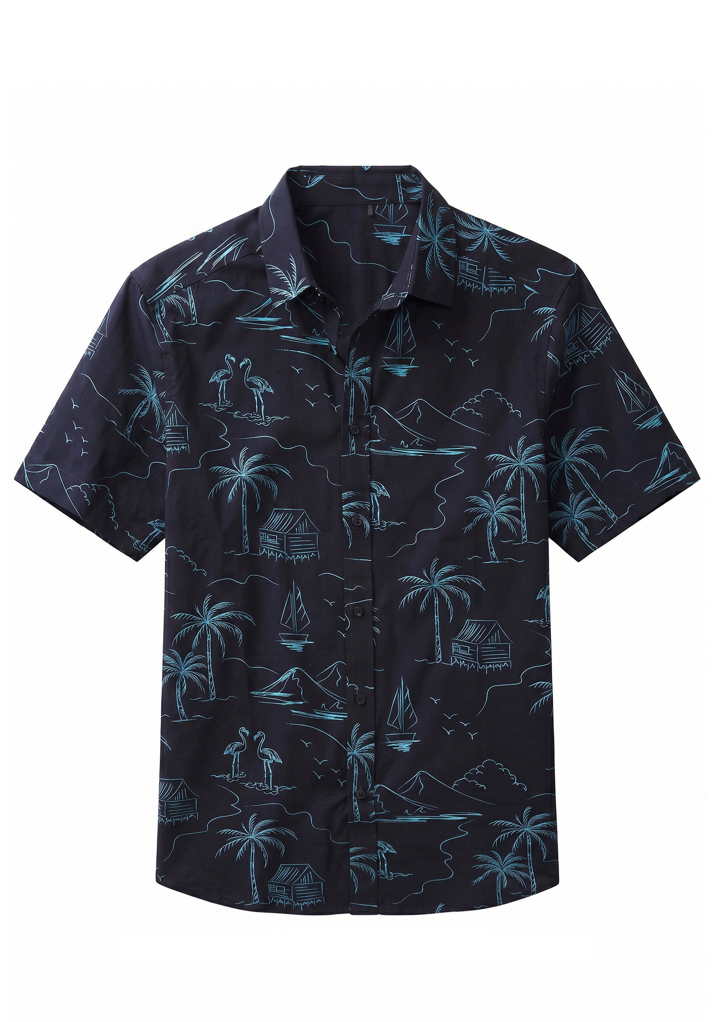 John Devin Hawaiihemd, sommerliches Kurzarmhemd mit kontrastfarbigem Palmen Druck