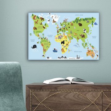 OneMillionCanvasses® Leinwandbild Weltkarte - Kinder - Tiere - Blau - Grün, (1 St), Wandbild Leinwandbilder, Aufhängefertig, Wanddeko, 30x20 cm
