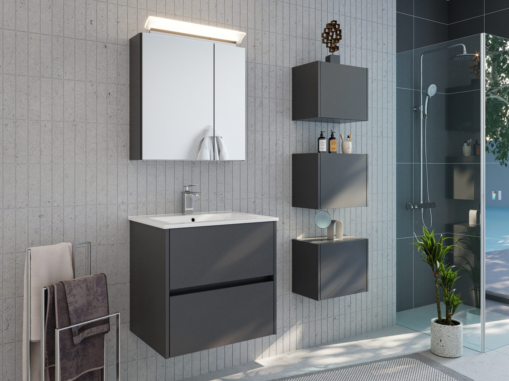 Magnolia Home Badmöbel-Set Badmöbelset Taifun 60cm 3tlg mit Spiegelschrank & 3er Boxen Set grafit