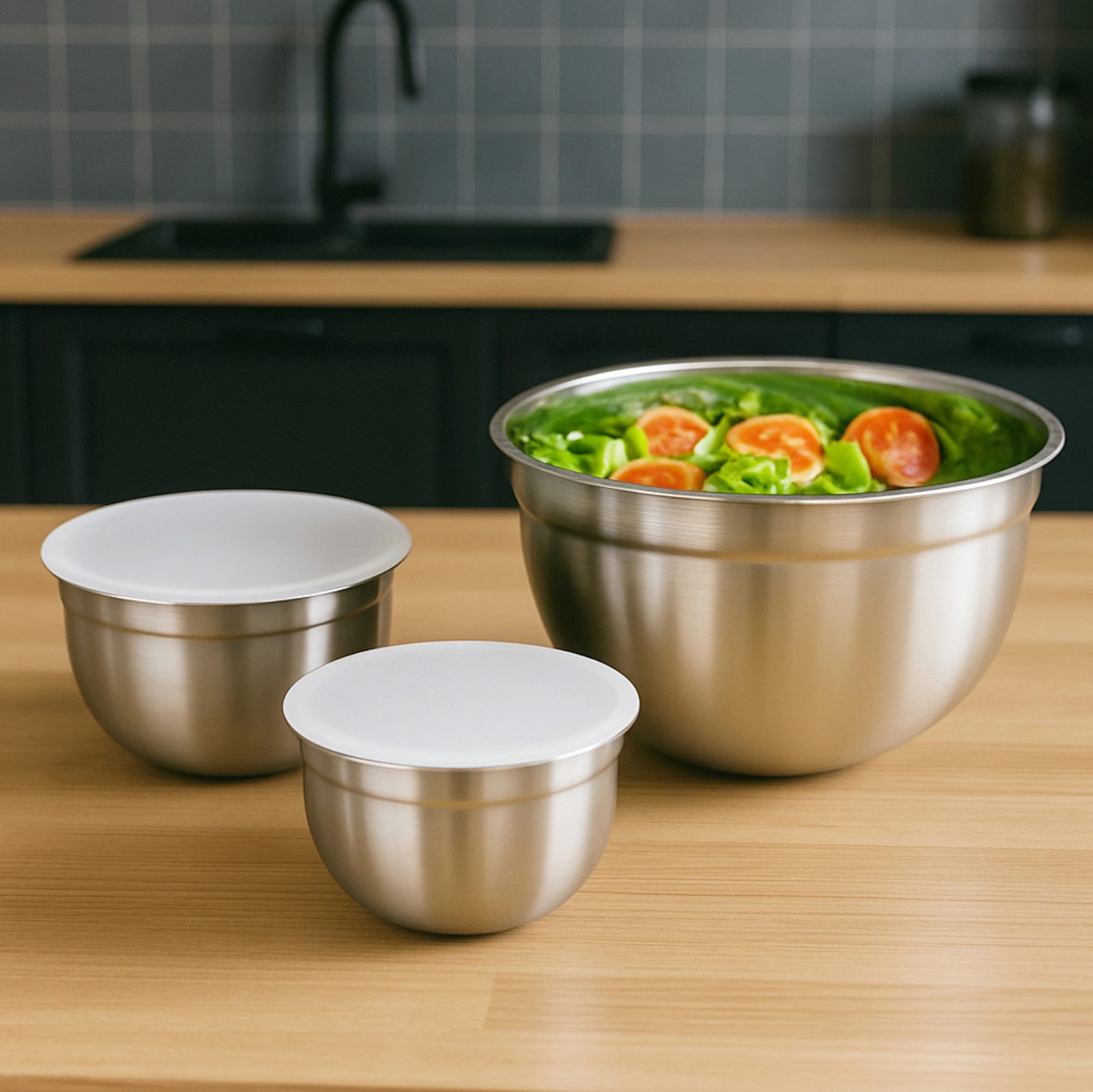 Koopman Schüssel Salatschüssel Rührschüssel Edelstahl 550/850/1350ml 3er Set, Edelstahl, (Set, 3-tlg), 3 Größen, Rostfrei, Inkl. Deckel, Langlebig