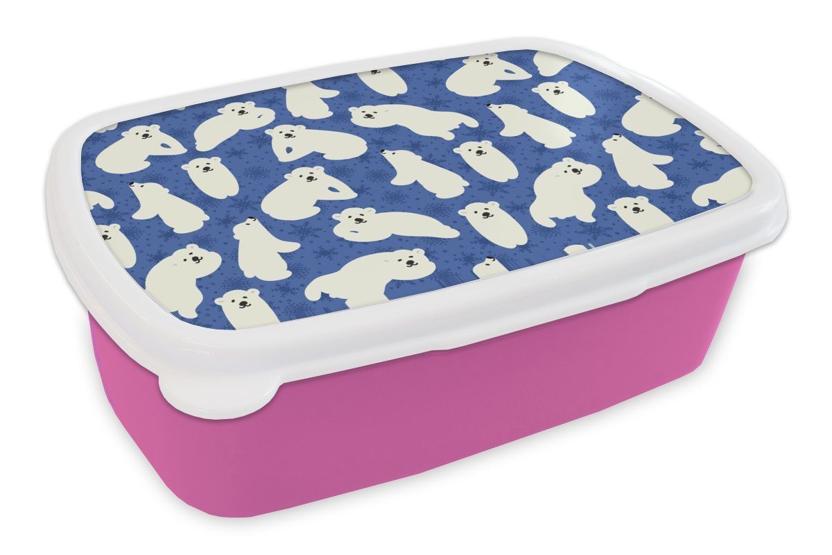 MuchoWow Lunchbox Schnee - Eisbär - Tiere - Winter - Muster, Kunststoff, (2-tlg), Brotbox für Erwachsene, Brotdose Kinder, Snackbox, Mädchen, Kunststoff rosa