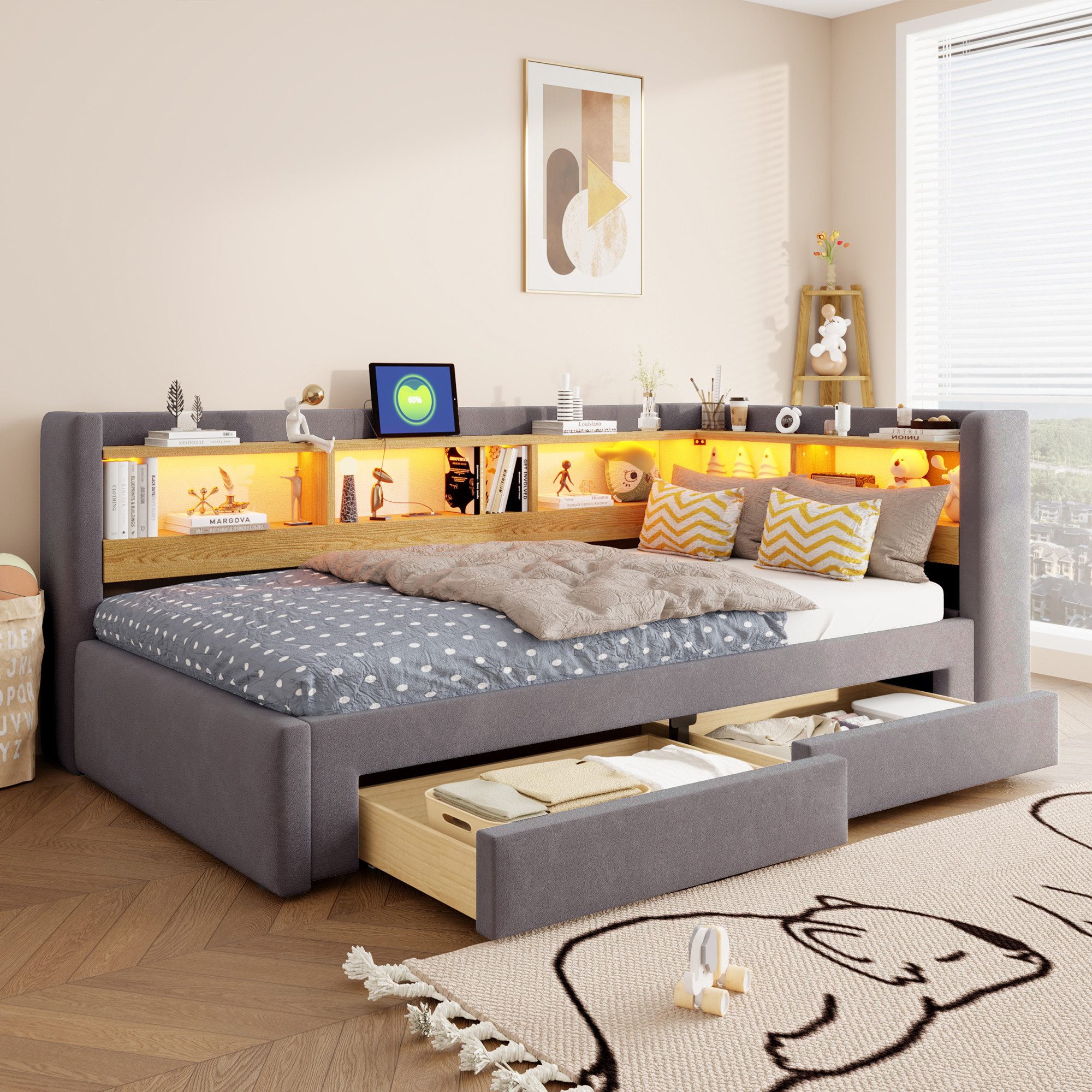 Celya Schlafsofa 90x200 cm 3-in-1-Tagesbett mit ausziehbarem Gästebett, Schubladen, Ohne Matratze, L-förmiges Bett mit LED-Beleuchtung und Steckdose, Schlaf Couch