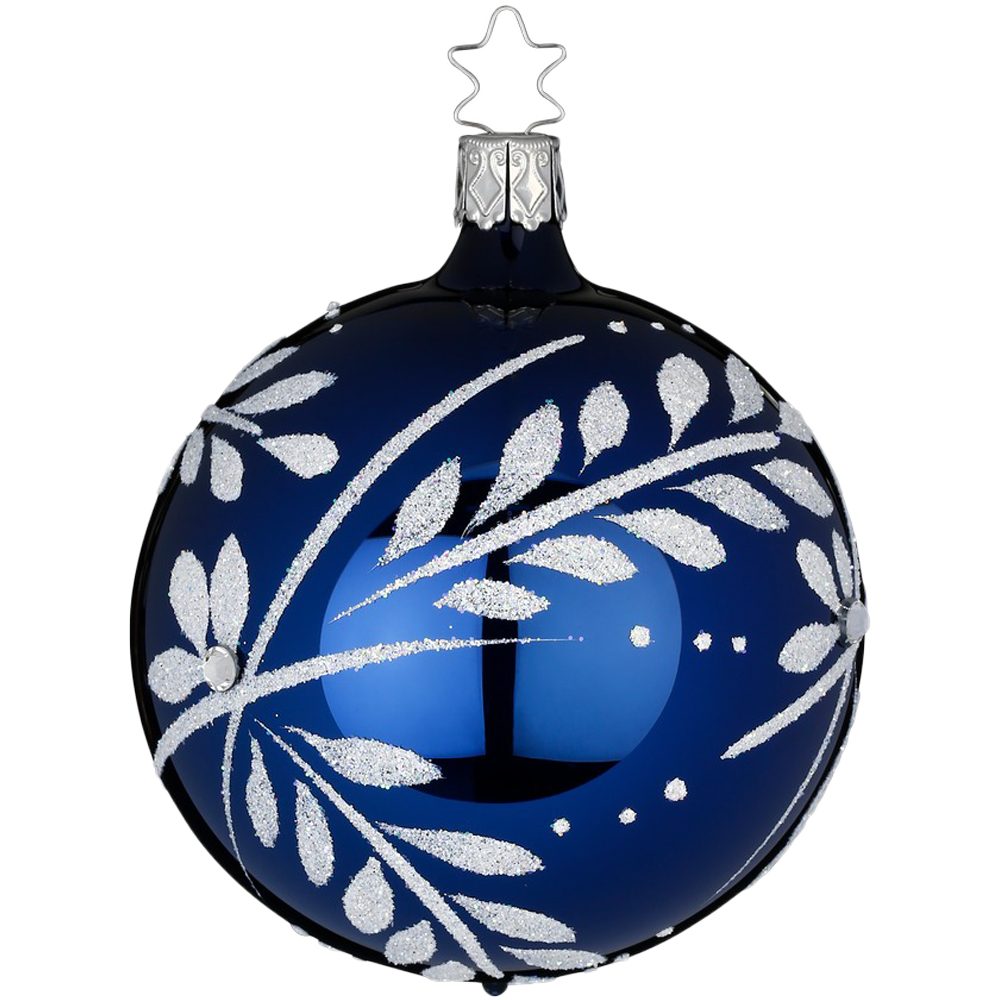 INGE-GLAS® Weihnachtsbaumkugel Christbaumkugel Blätterfunkeln Mitternachtsblau glänzend Ø 8cm (1 St), mundgeblasen, handbemalt