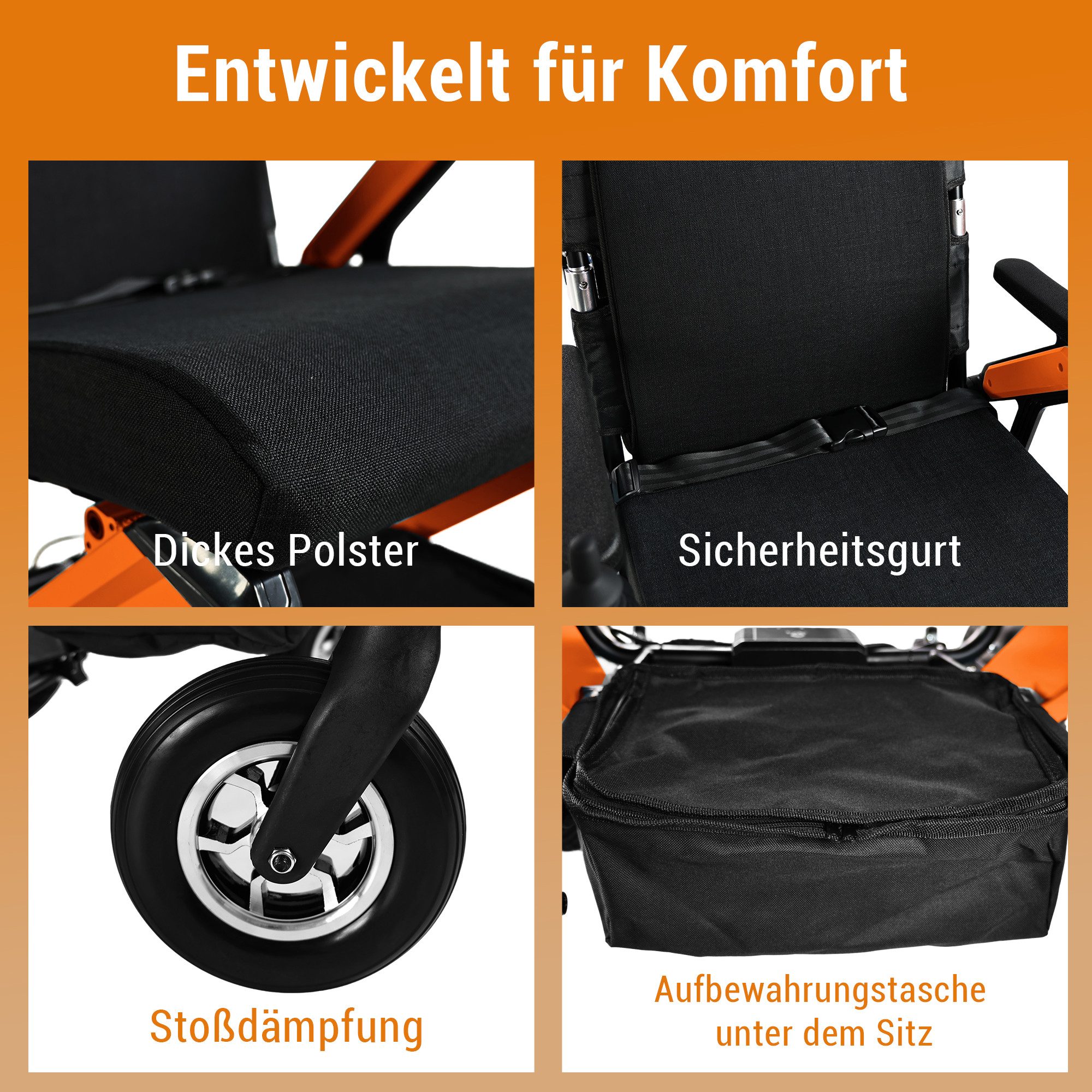 Vankel Elektrorollstuhl klappbar leicht elektr. Rollstuhl 500W, max.25 km max.150 kg, mit 12° Steigfähigkeit, austauschbarem Akku & 360°-Joystick