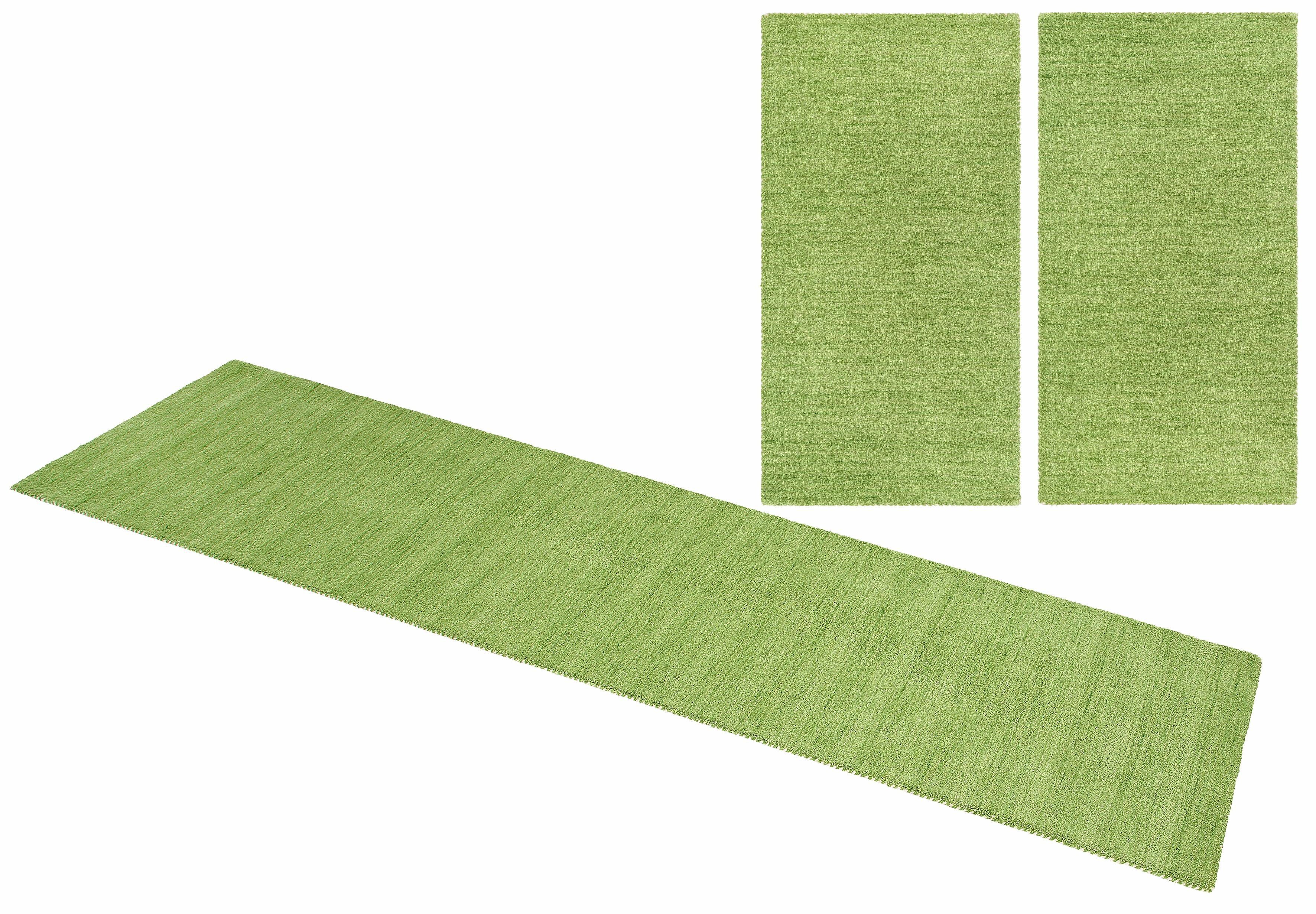 Bettumrandung Gabbeh Uni THEKO, Höhe 15 mm, (3-tlg), Bettvorleger, Uni-Farben, meliert, Schurwolle, handgewebt, Läufer-Set grün