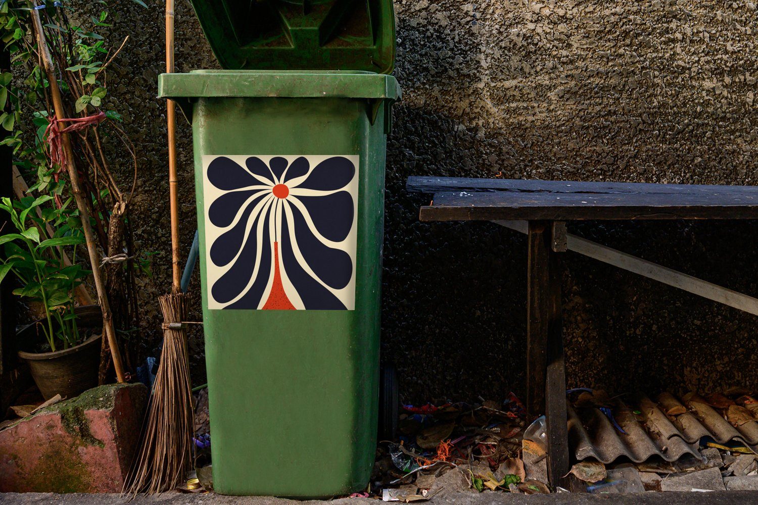 Container, Rot MuchoWow - (1 Mülltonne, - Sticker, Mülleimer-aufkleber, Pflanze - Wandsticker Abfalbehälter Vase St), Blumen