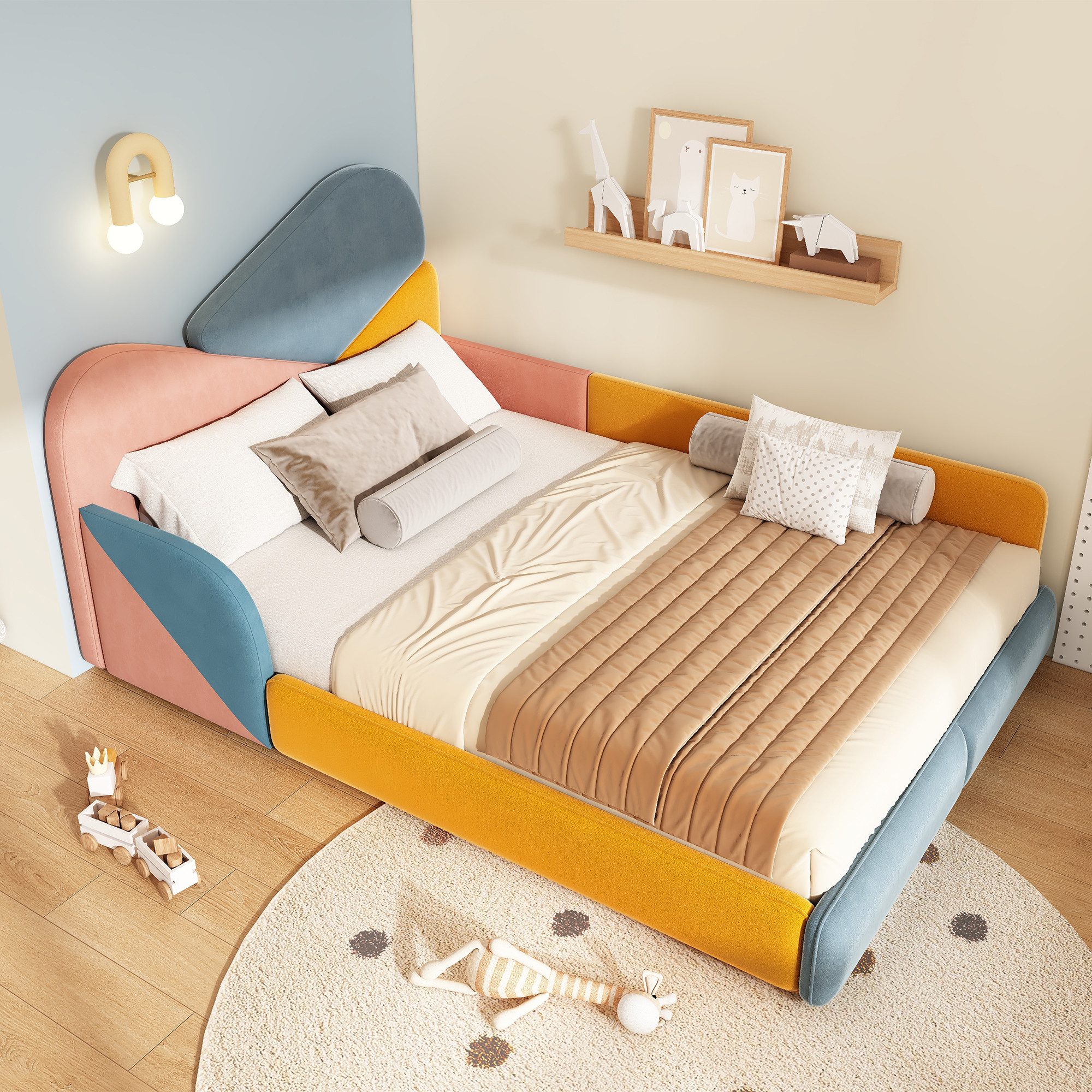 HAUSS SPOLE Polsterbett 140x200 Bodenbett mehrfarbiges Einzelbett mit Seitenschutz & Kopfteil (Kinderbett Jugendbett mit Polsterkopfteil und Komfortpolsterung, ohne Matratze), Bettgestell mit Patchwork-Farbgestaltung