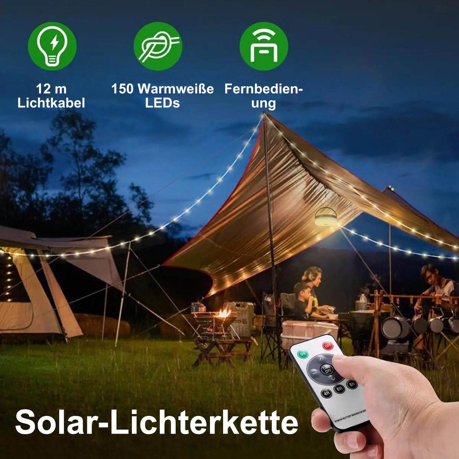 DESUO Lichterkette 12m Camping Lichterkette Aufrollbar 8 Beleuchtungsmodi Wasserdichte