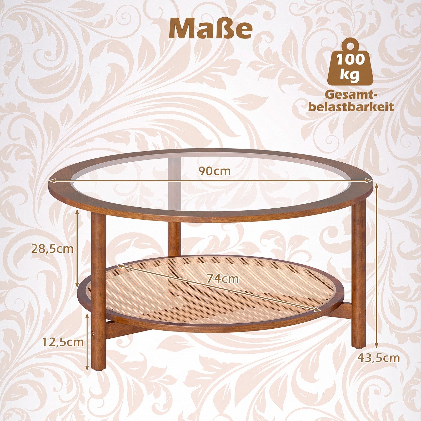 COSTWAY Couchtisch runder Beistelltisch mit Glasplatte & Ablage, 90cm Gummibaumholz – Bild 5 von 5
