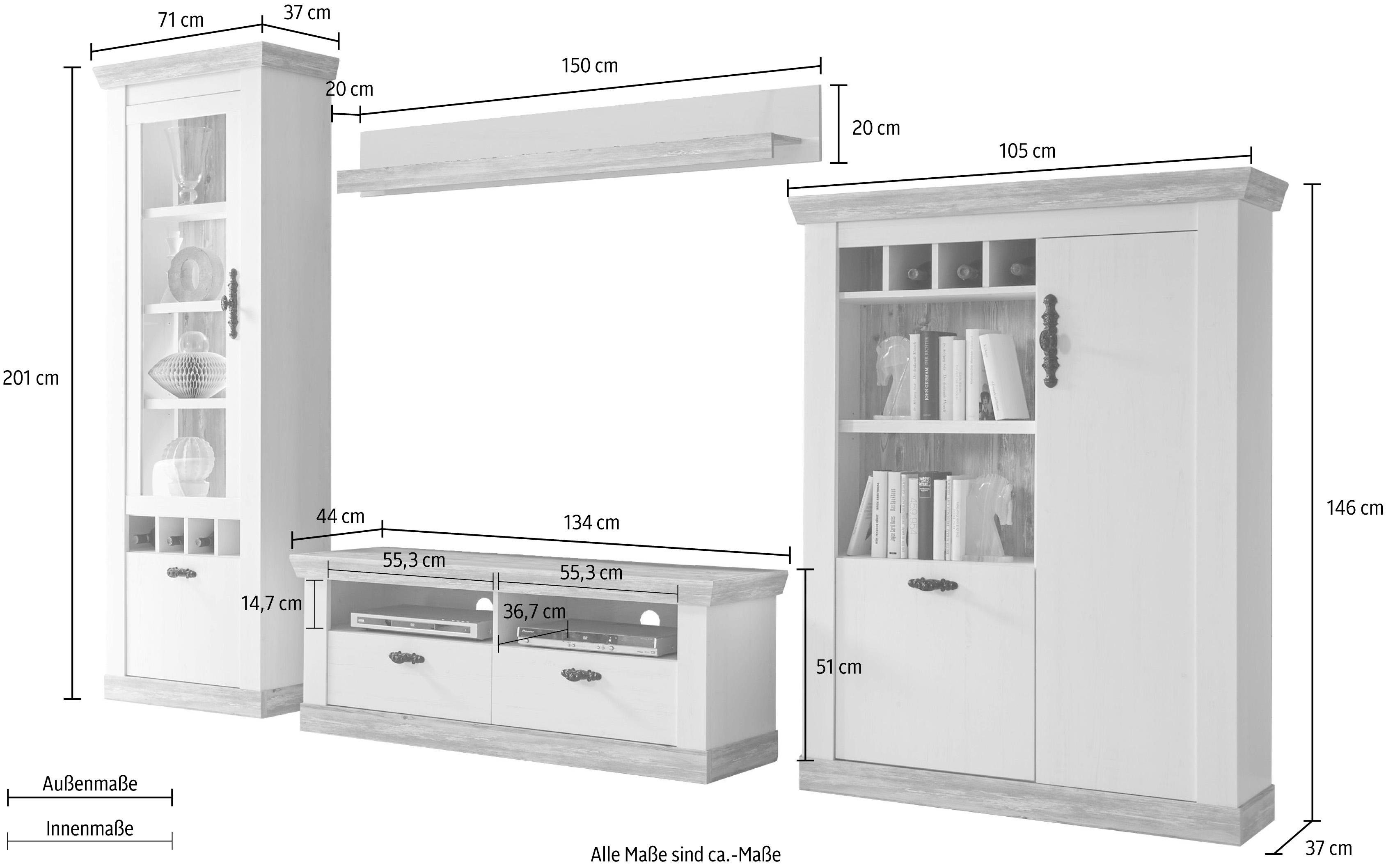 Home affaire Wohnwand Florenz, Anbauwand im Landhausstil, Komplettset mit Metallgriffen, (Set, 4-St), enthält Vitrine, Lowboard, Kommode und Wandboard, 330 cm breit