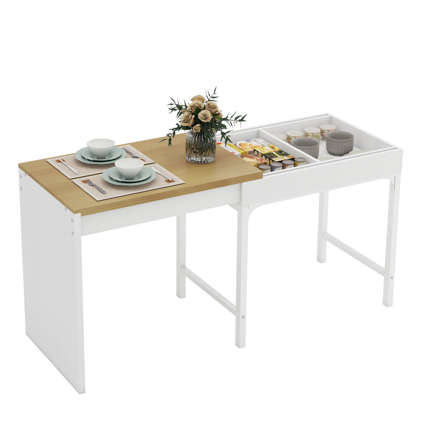Puluomis Esstisch ausziehbar, Erweiterbarer Tisch 55x80-160cm, Klapptisch weiß natur