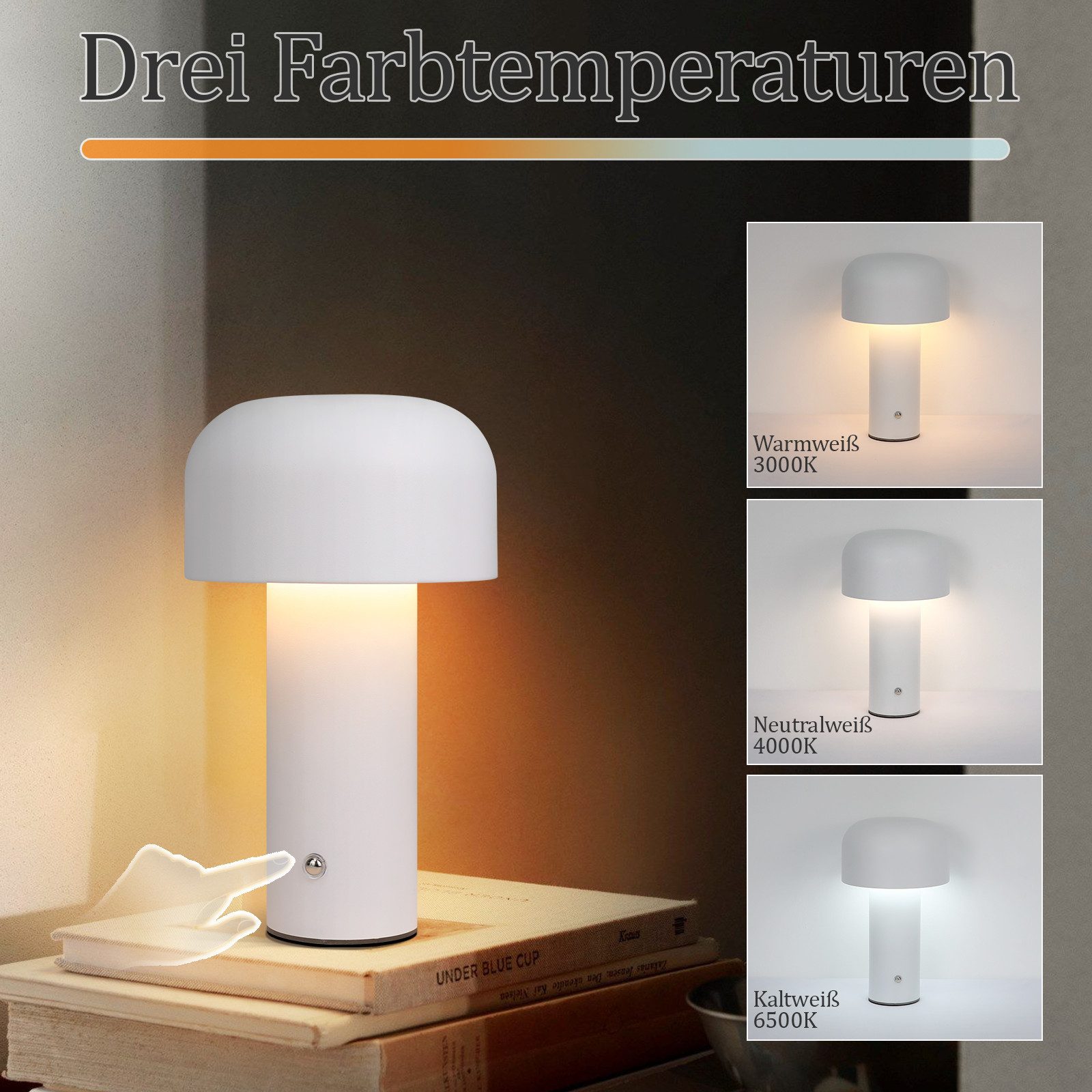 ZMH LED Tischleuchte Kabellos - 2W Tischlampe Akku Dimmbar Modern Metall für Wohnzimmer, Augenschutz, Einfache Installtion, LED fest integriert, 3000-6500K, Aufladbar Schwarz Pilz Nachttischlampe Schlafzimmer