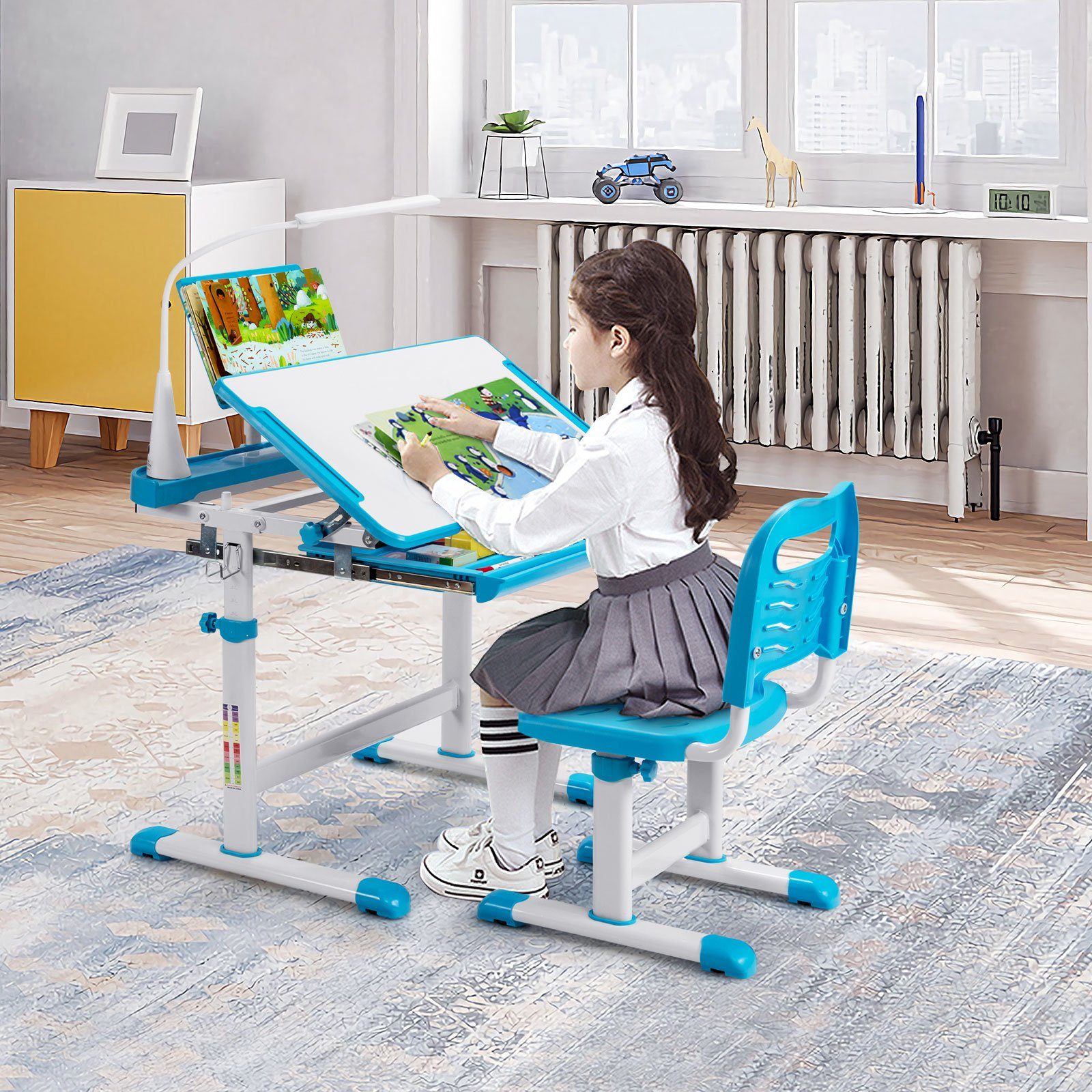 COSTWAY Kinderschreibtisch, mit Stuhl & Lampe, günstig online kaufen