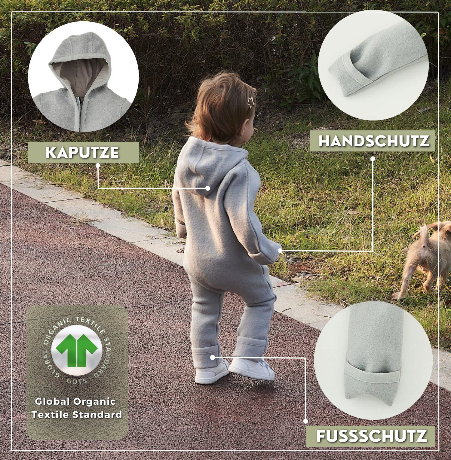 Alavya Panda Overall WALKOVERALL, Baby Woll-Anzug für Baby Wollfleece Kleinkind Natur und Grau 100% Walk Wollwalk-Overalls mit Bio-Schurwolle Reißverschluss, aus