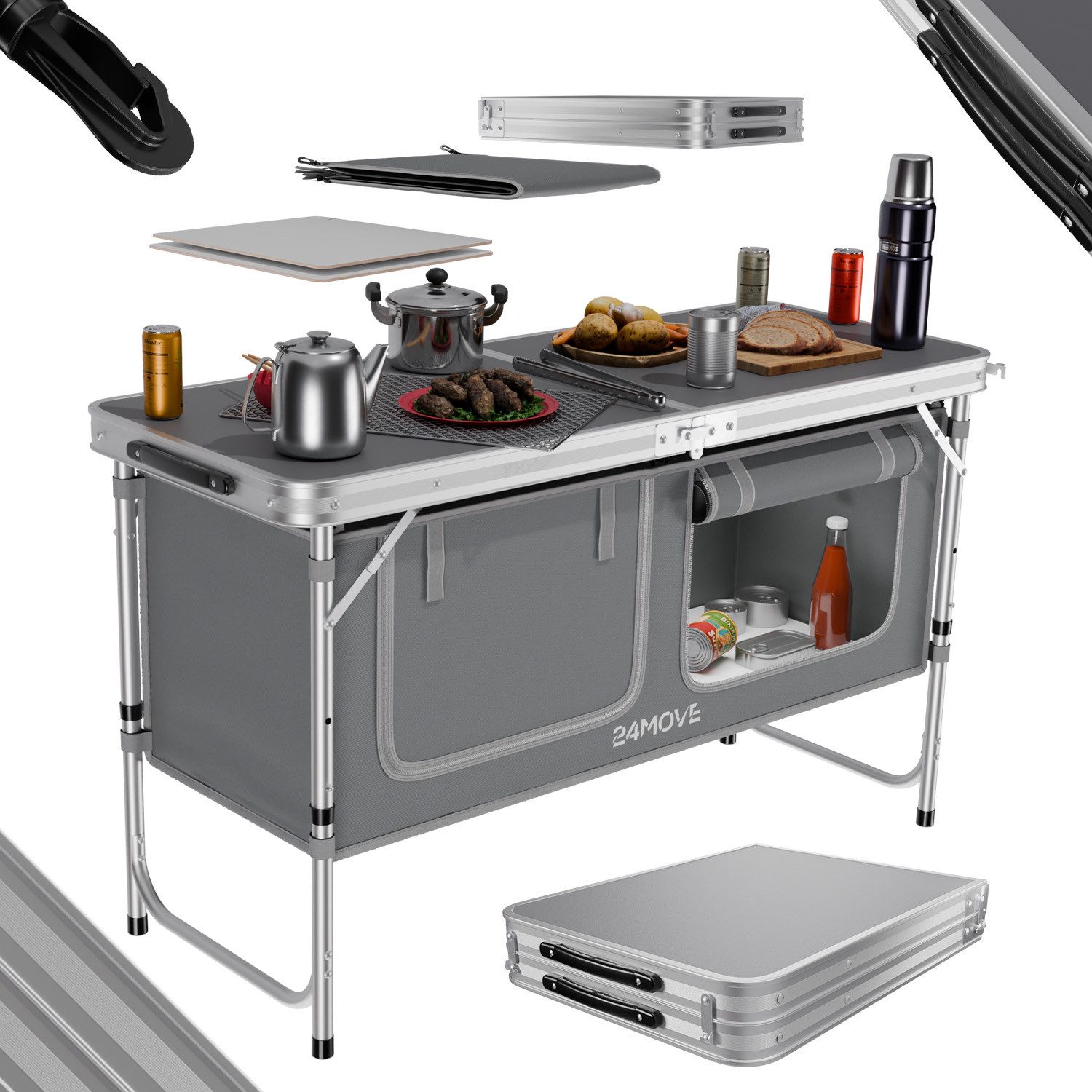 24Move Campingschrank Campingküche PRAIA Outdoorküche Alu (faltbar, höhenverstellbar, Outdoorküche) mit Arbeitsplatte und Staufächern